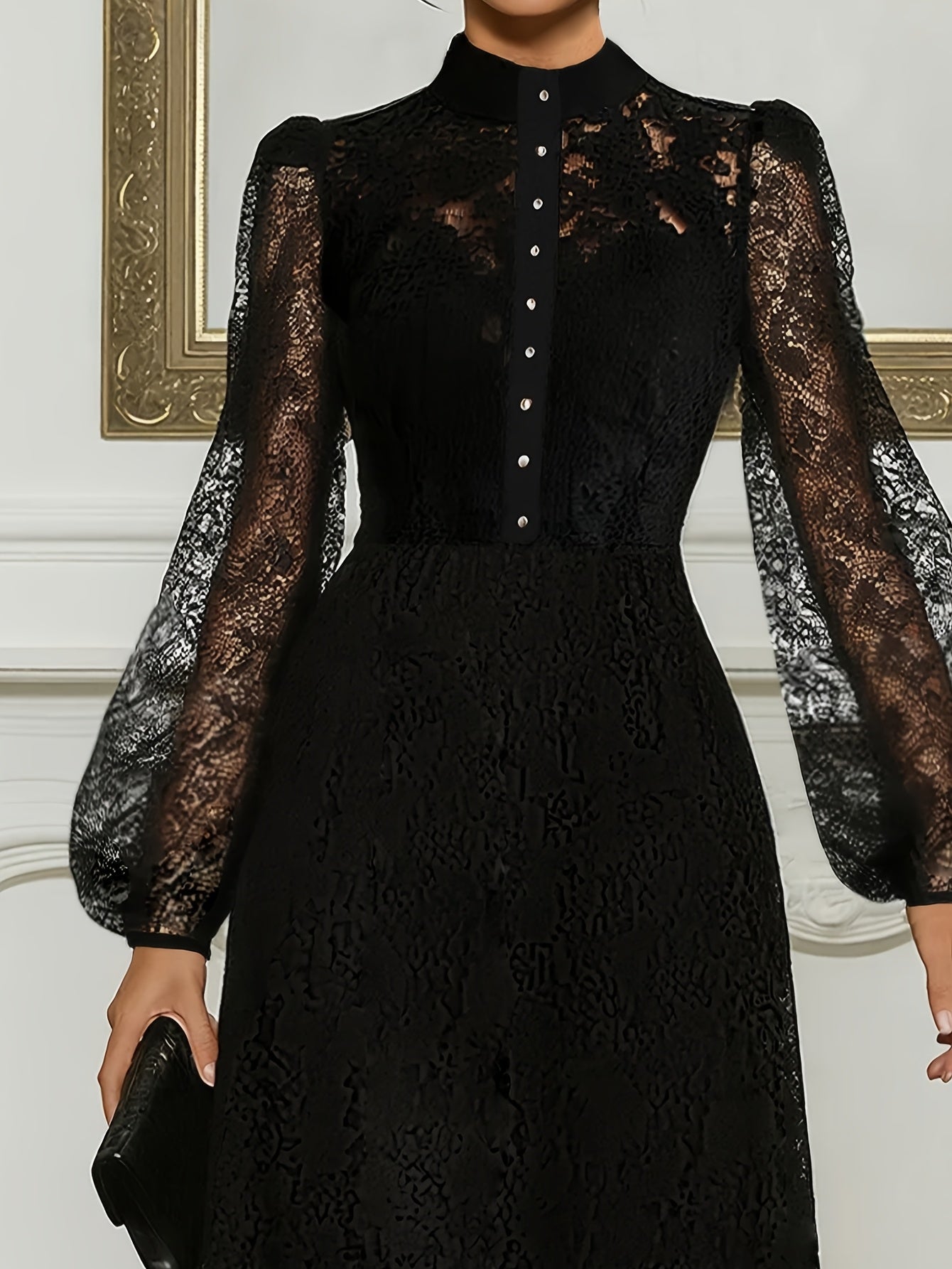 Elegant Women'S Long-Sleeve Lace-Trimmed Crew Neck Dress | Spring/Fall Season, Non-Stretch, A-Line Pendulum Style with Zipper Detail