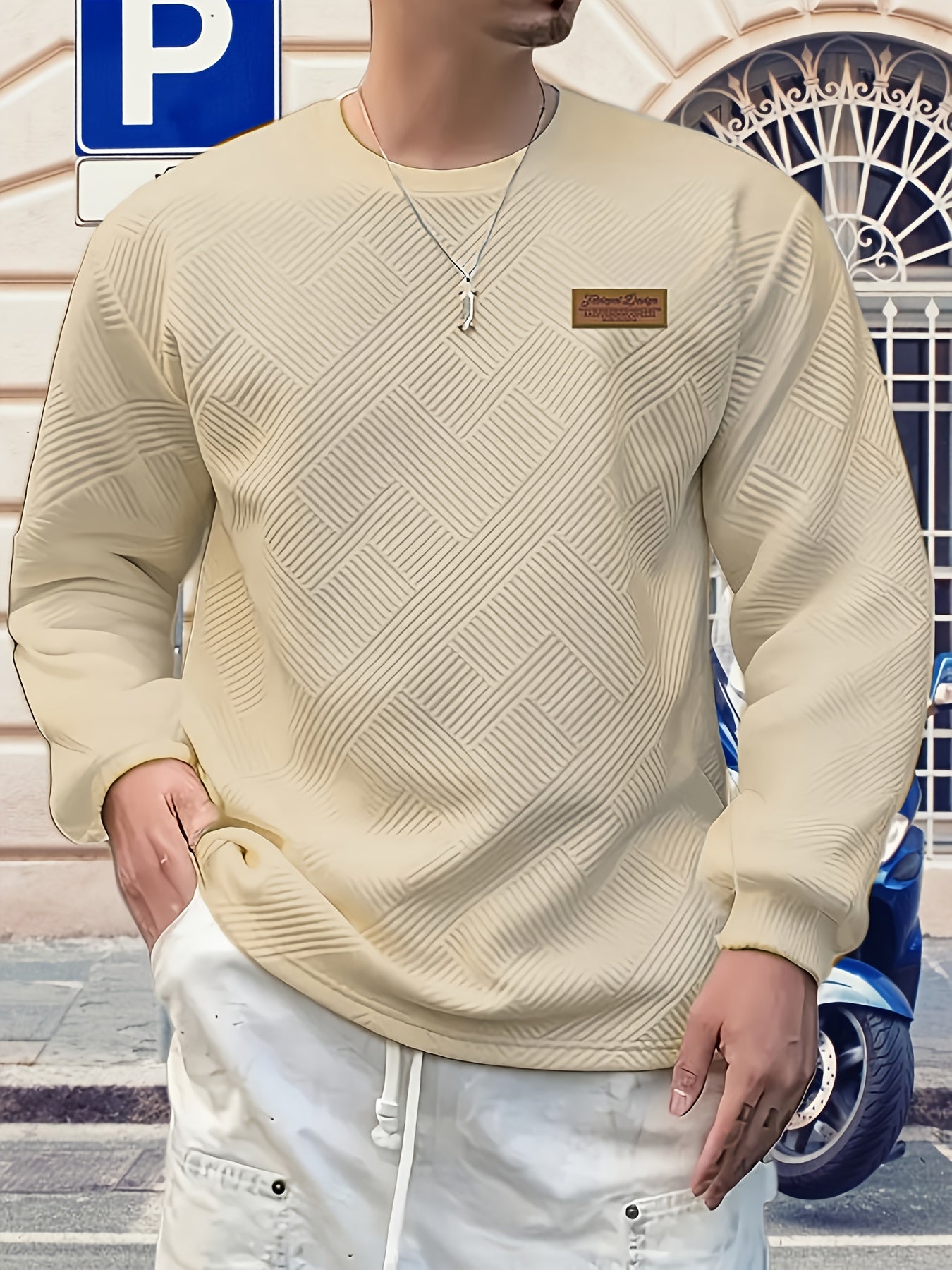 Christmas Men's Gift, Men's Fashion Sweatshirt, Heavyweight Jacquard Crewneck Long Sleeve, Spring/Autumn Casual Comfortable Top for Daily Outings