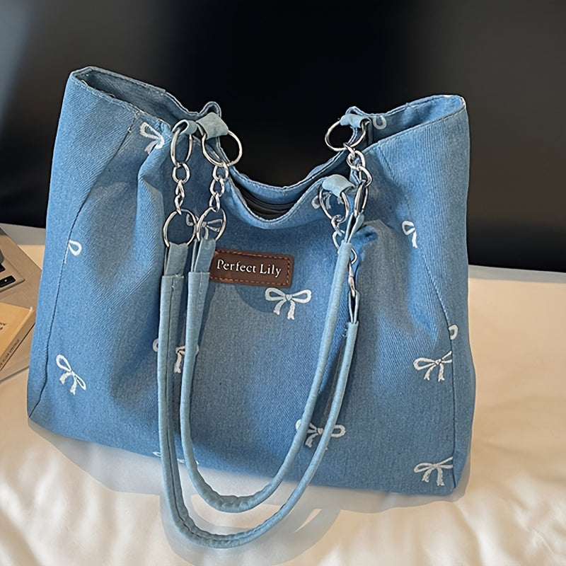 Sac Cabas Femme– Bandoulière Chaîne Fixe, Broderie Nœud, Fermeture Zippée Durable, Idéal Quotidien, Shopping et Sorties – Bleu Clair / Bleu Foncé, Idée Cadeau Élégante