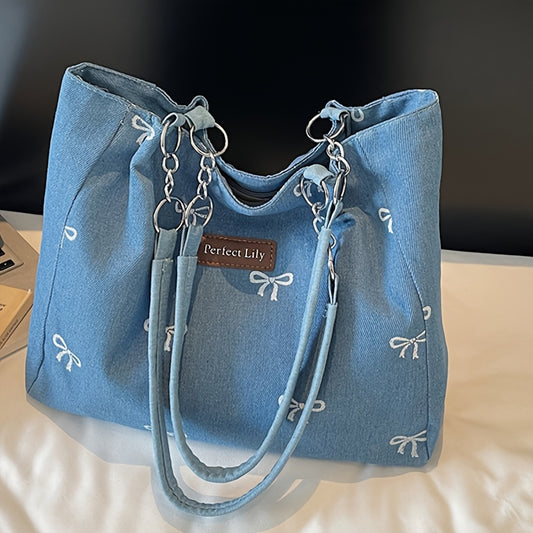 Sac Cabas Femme– Bandoulière Chaîne Fixe, Broderie Nœud, Fermeture Zippée Durable, Idéal Quotidien, Shopping et Sorties – Bleu Clair / Bleu Foncé, Idée Cadeau Élégante