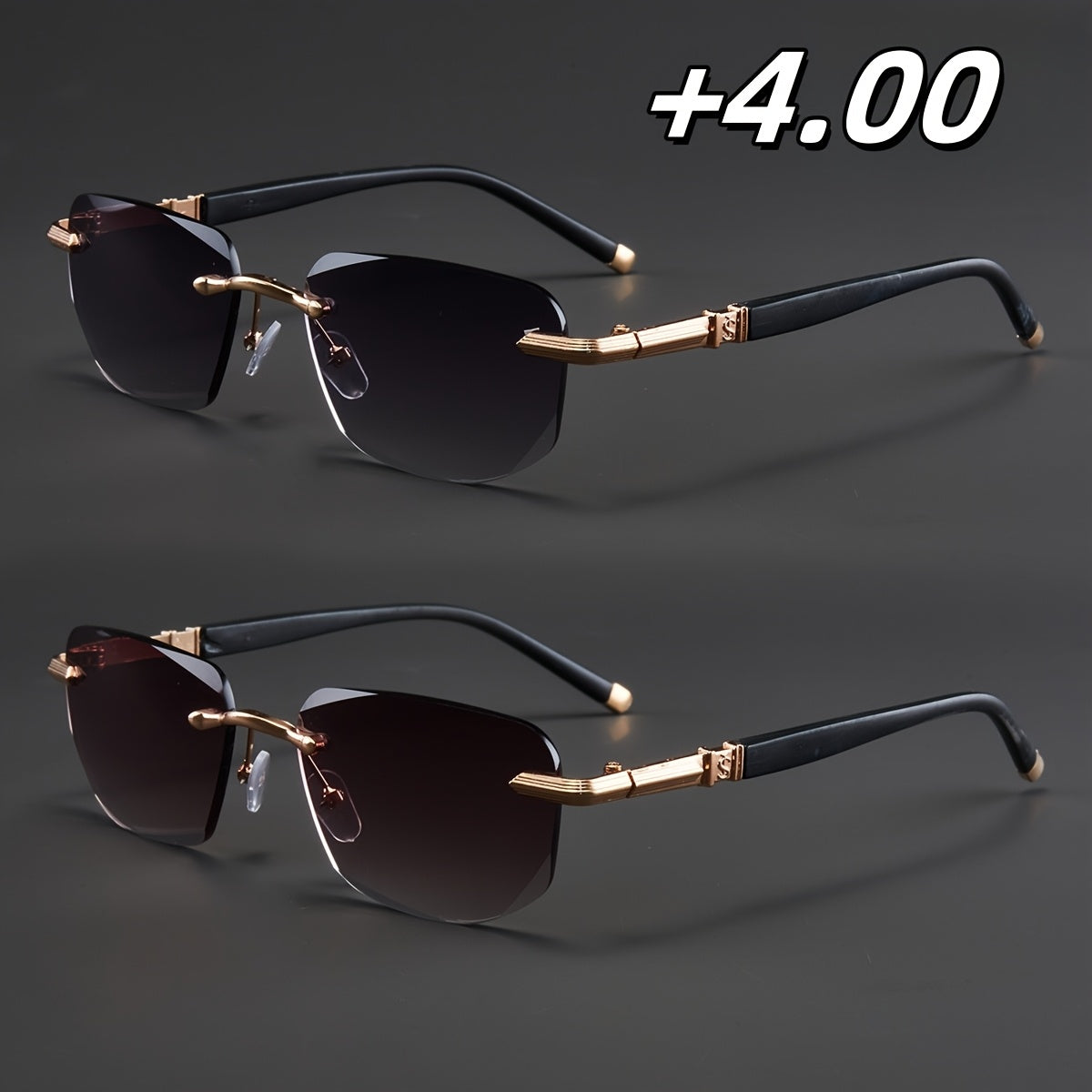 Two Pairs, Bundled Set, Stylish, Men'S, Exquisite, Luxurious, Rimless, Beveled Edge, Reading Glasses, Metal Frame, Options: 100, 150, 200, 250, 300, 350, And 400 Degrees, Without Battery, Christmas Gifts