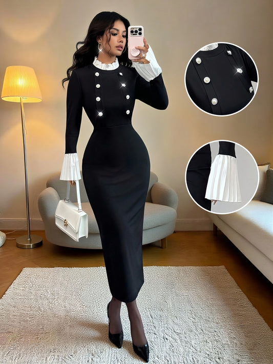 Robe Femme Élégante Maxi pour Soirée et Quotidien — Manches Longues, Fermeture Boutons sur le Devant, Coupe Flatteuse, Parfaite pour Soirées, Bureau et Rendez-vous, Port Toute Saison, Style Sophistiqué, Fini Poli, Tenue Chic