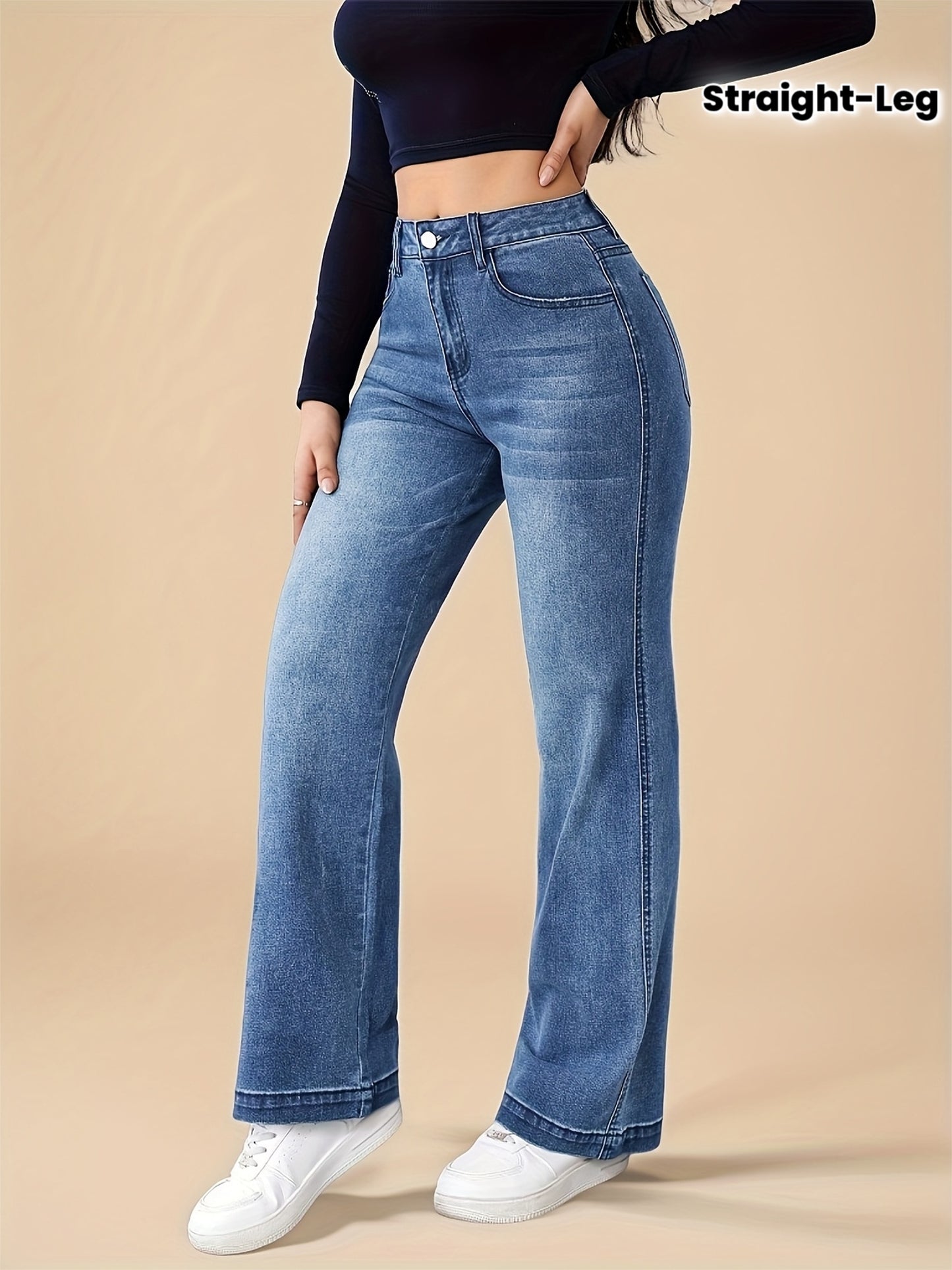 Jean droit stretch pour femme, pantalon décontracté bleu avec poches, confortable et élégant en toutes saisons, lavable en machine
