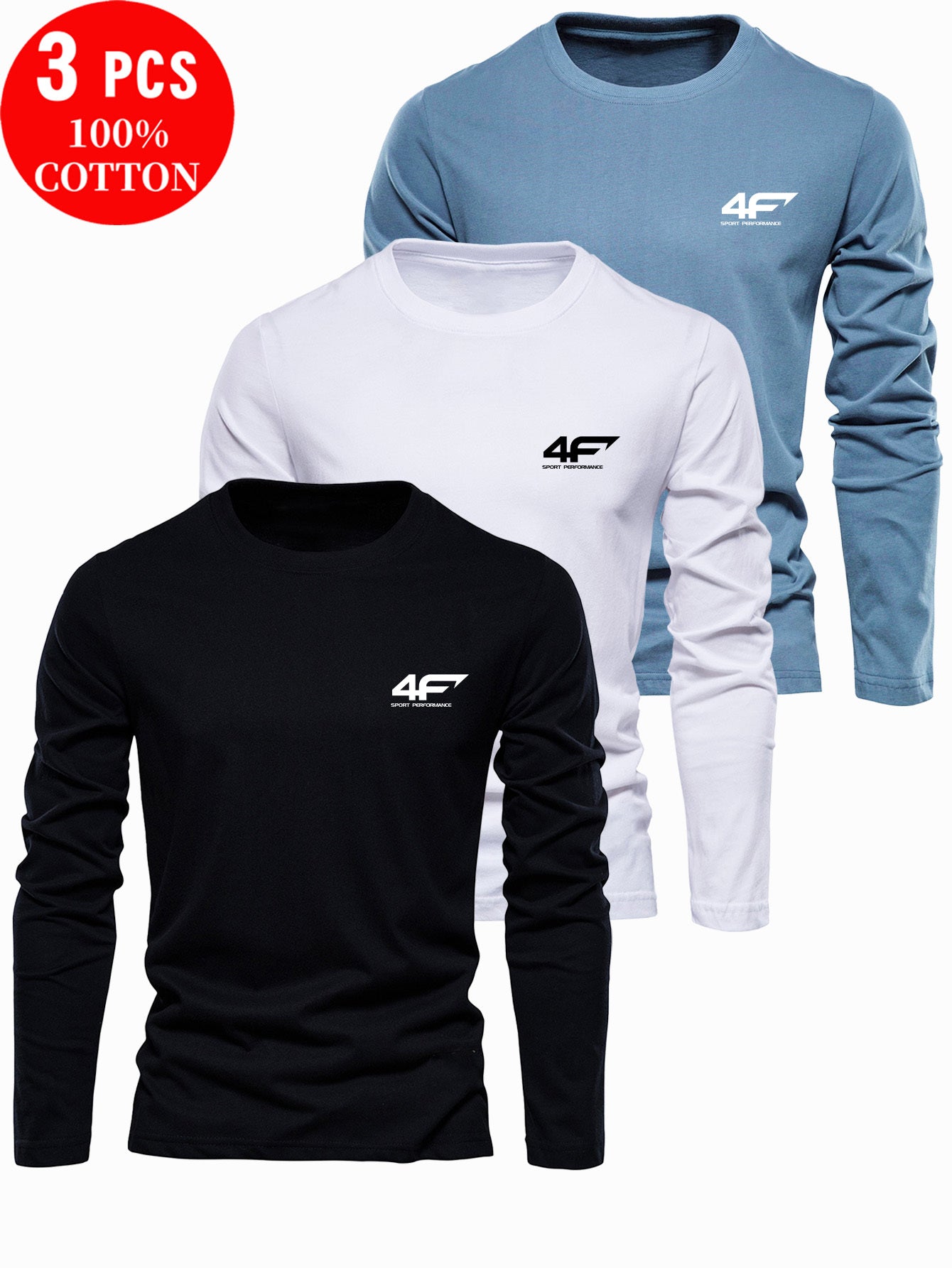 3pcs 100% Cotton T-Shirts, New Fashion Spring/Autumn Casual Long Sleeve Men's Printed Tee Stylish Base Layer Shirt for Outdoor and Casual Attire