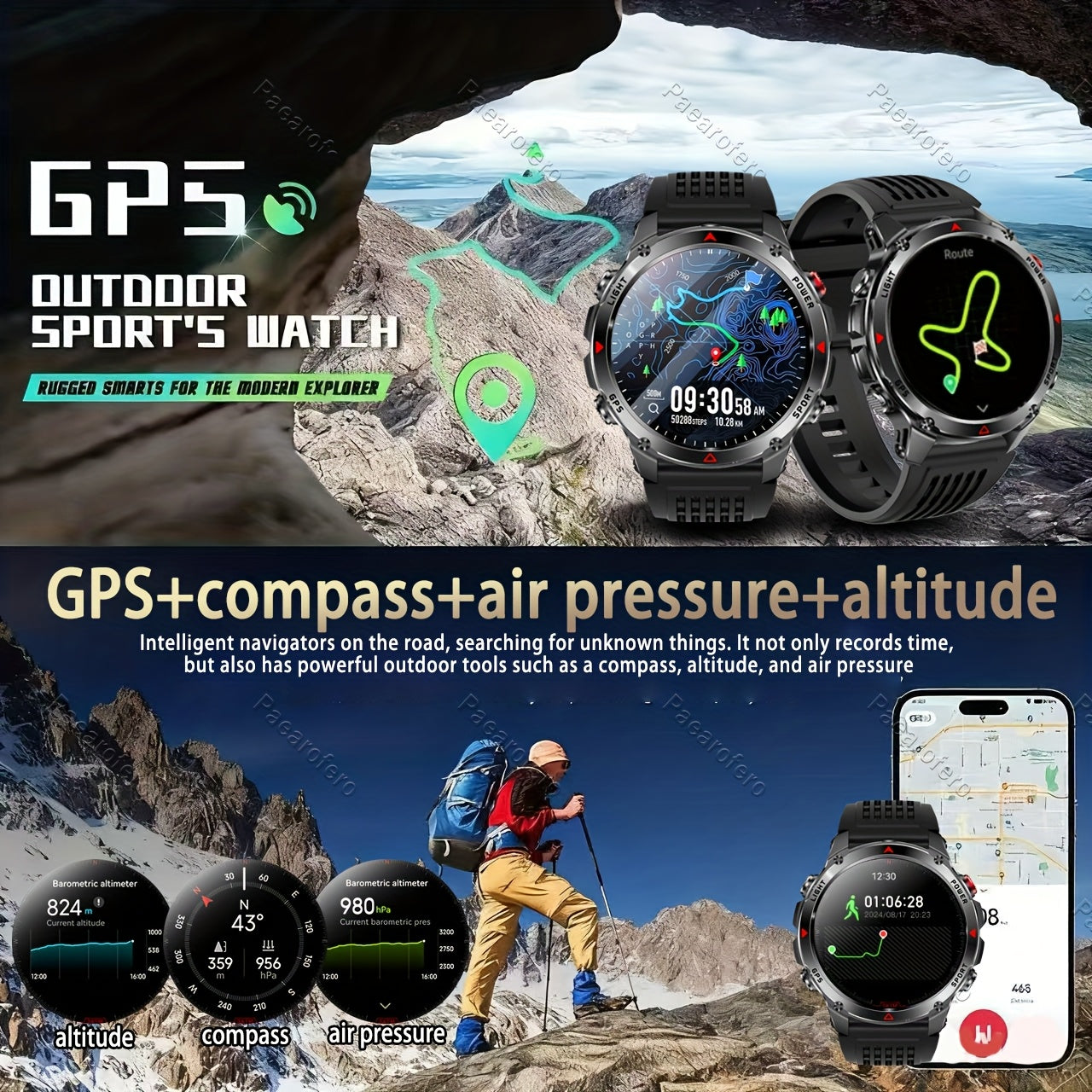 2025 new GPS smartwatch with flashlight, full touch screen, wireless calling, music playback, for iPhone/Android, equipped with GPS, compass, altimeter, barometer, calendar, calculator, calorie pedometer, fitness tracker, swi