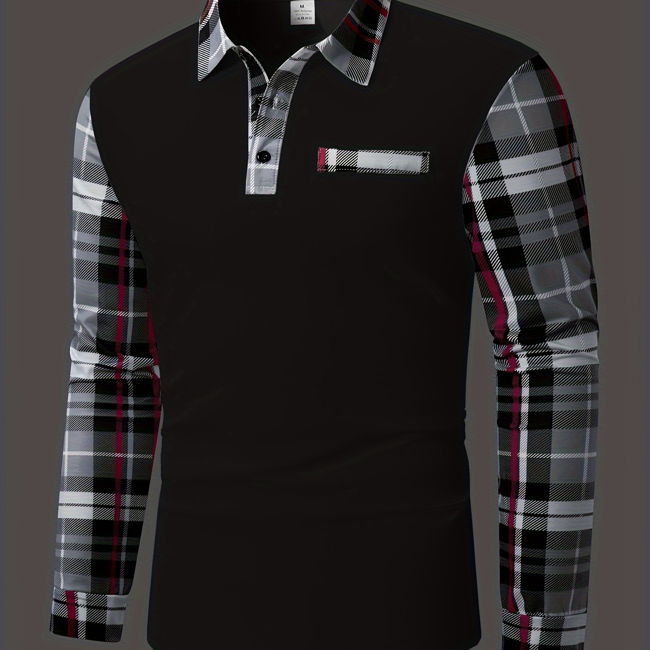 Men's Casual Plaid Long Sleeve Shirt with Chest Patch - Polyester, Button-Up Collar for Spring/Fall
