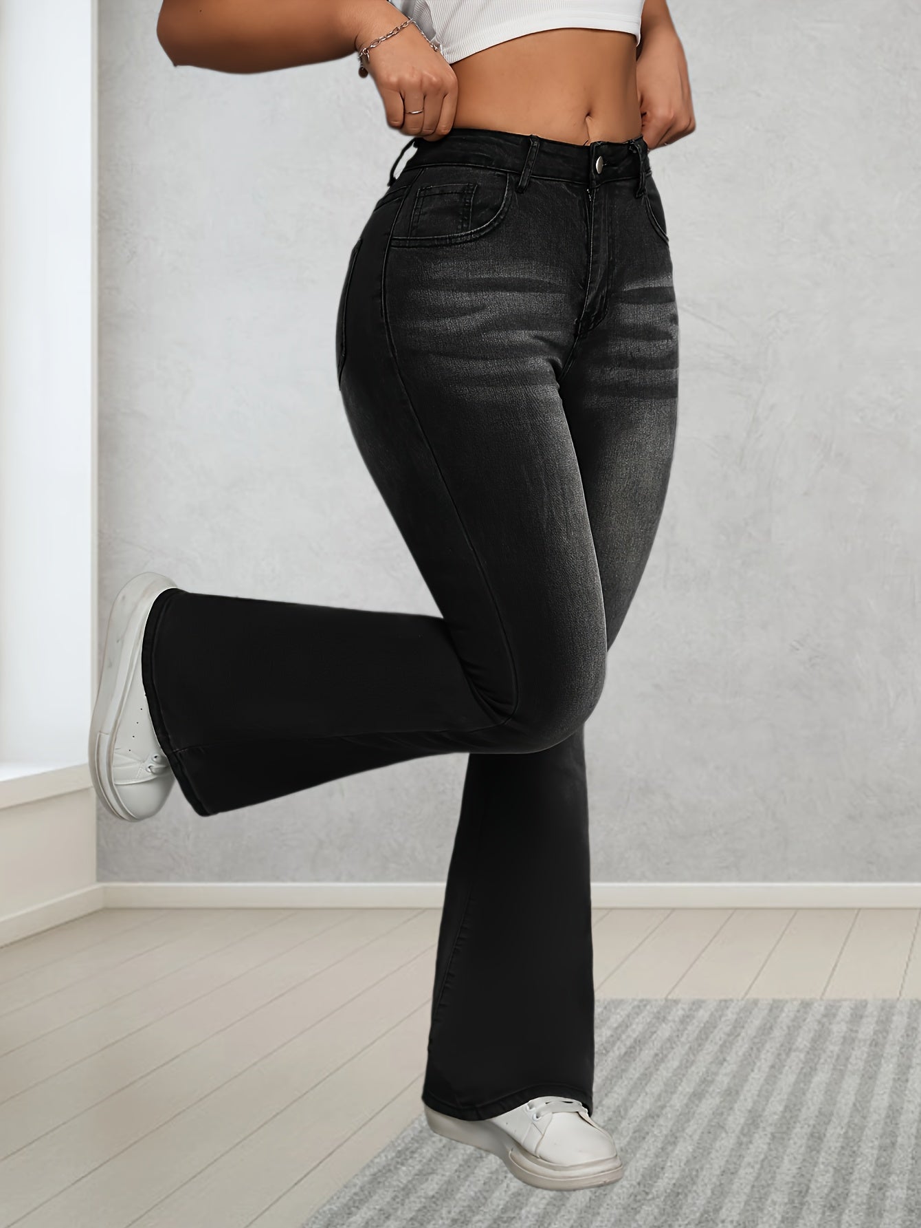 Jeans Femme Taille Haute Évasé Extensible Jambe Large Boutons Ceinture Non Incluse Toute Saison Effet Usé Décontracté et Formel Lavable