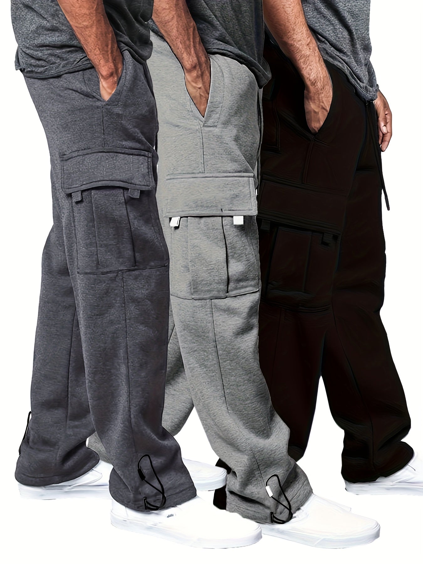 3pcs Pantalons Cargo Homme – Casual, Multipoches, Cordon & Poignets Élastiques, Regular Fit