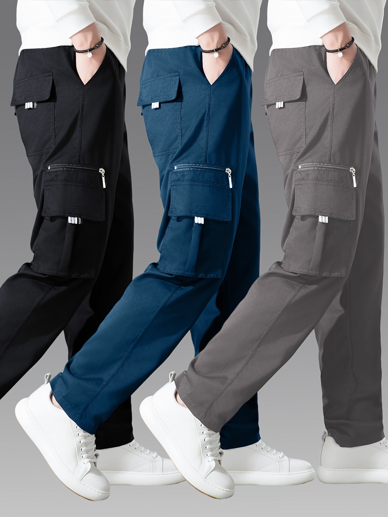 Pantalons cargo pour homme (3 pièces) – multi-poches, coupe décontractée, tissu non extensible durable, confort toutes saisons, idéal tenue décontractée et activités outdoor (noir/bleu marine/gris)
