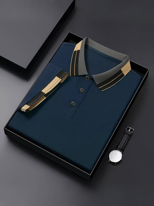 Men's Shirt - Dark Charcoal Gray with Golden Accent Collar, Soft Breathable Fabric Golf Shirt for Business, Casual, - Machine Washable Summer Button-Up Shirt for Office, Vacation, Casual Attire, Vacation Clothing, Sophisticat