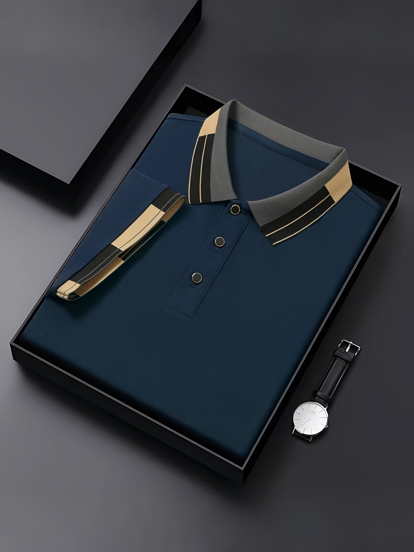 Men's Shirt - Dark Charcoal Gray with Golden Accent Collar, Soft Breathable Fabric Golf Shirt for Business, Casual, - Machine Washable Summer Button-Up Shirt for Office, Vacation, Casual Attire, Vacation Clothing, Sophisticat