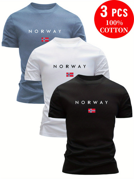 3pcs Men'S 100% Cotton Slim Fit T-Shirts - Breathable & Sweat-Wicking Summer Casual Tees with NORWAY Letter Print, Round Neck Short Sleeve, Light Blue/White/Black, T-shirt Stylish, Comfortable Clothing, Minimalistic Design, B