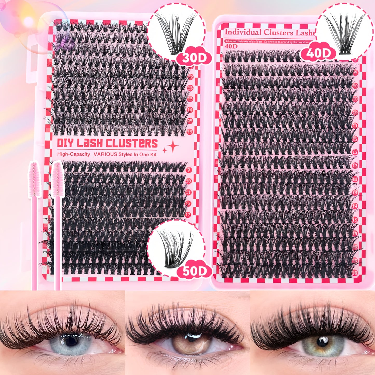 Set de Cils DIY pour Femme – 37 Rangées (740 pcs) / 14 Rangées (280 pcs) / 10 Rangées (200 pcs), Cils Individuels 8-16 mm, Inclus Brosse à Cils, Style Hybride, Parfait pour DIY Débutants à la Maison, Réutilisable