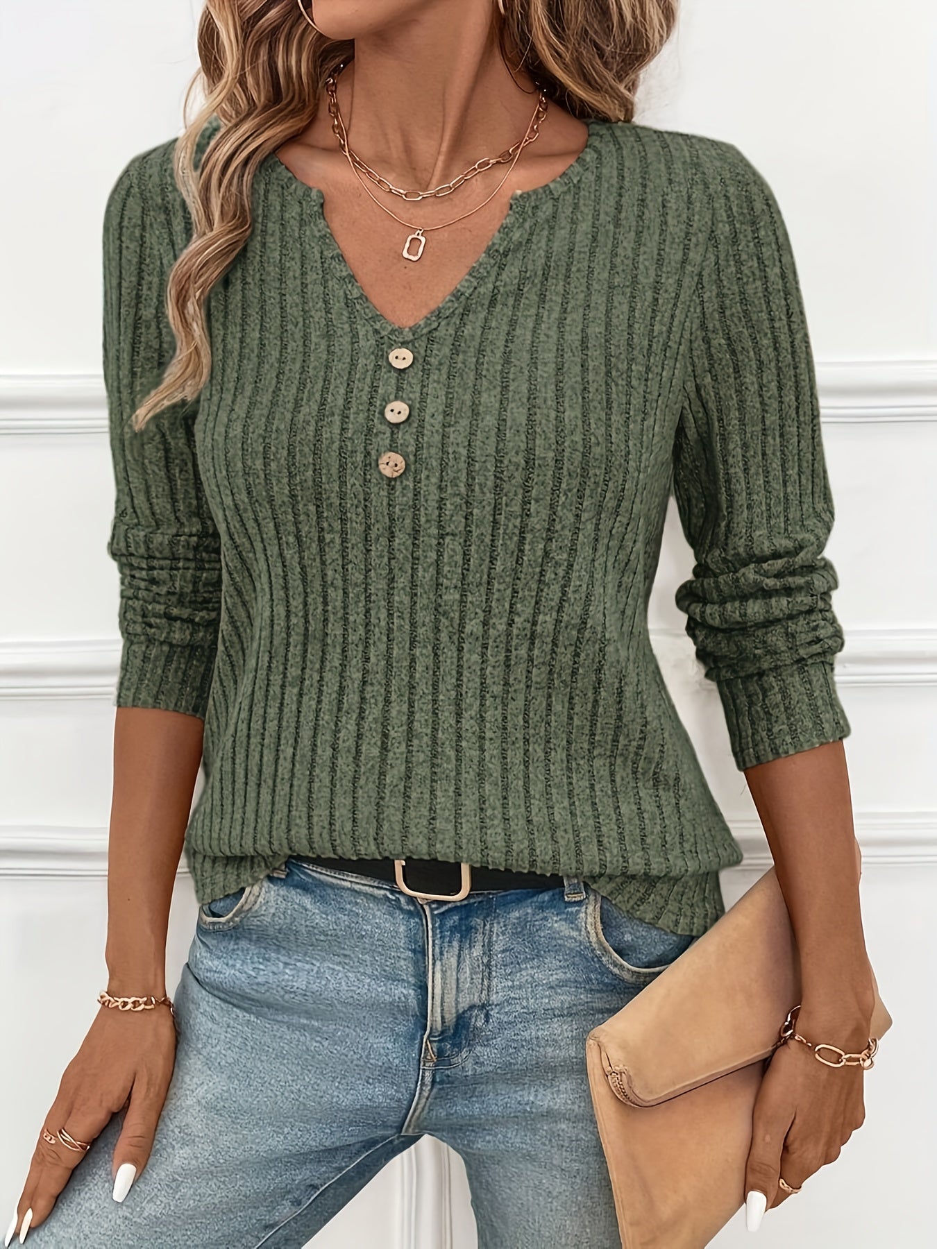 Ensemble 2 pièces pour femmes – T-shirts à manches longues, col en V, côtelé, couleur unie, automne