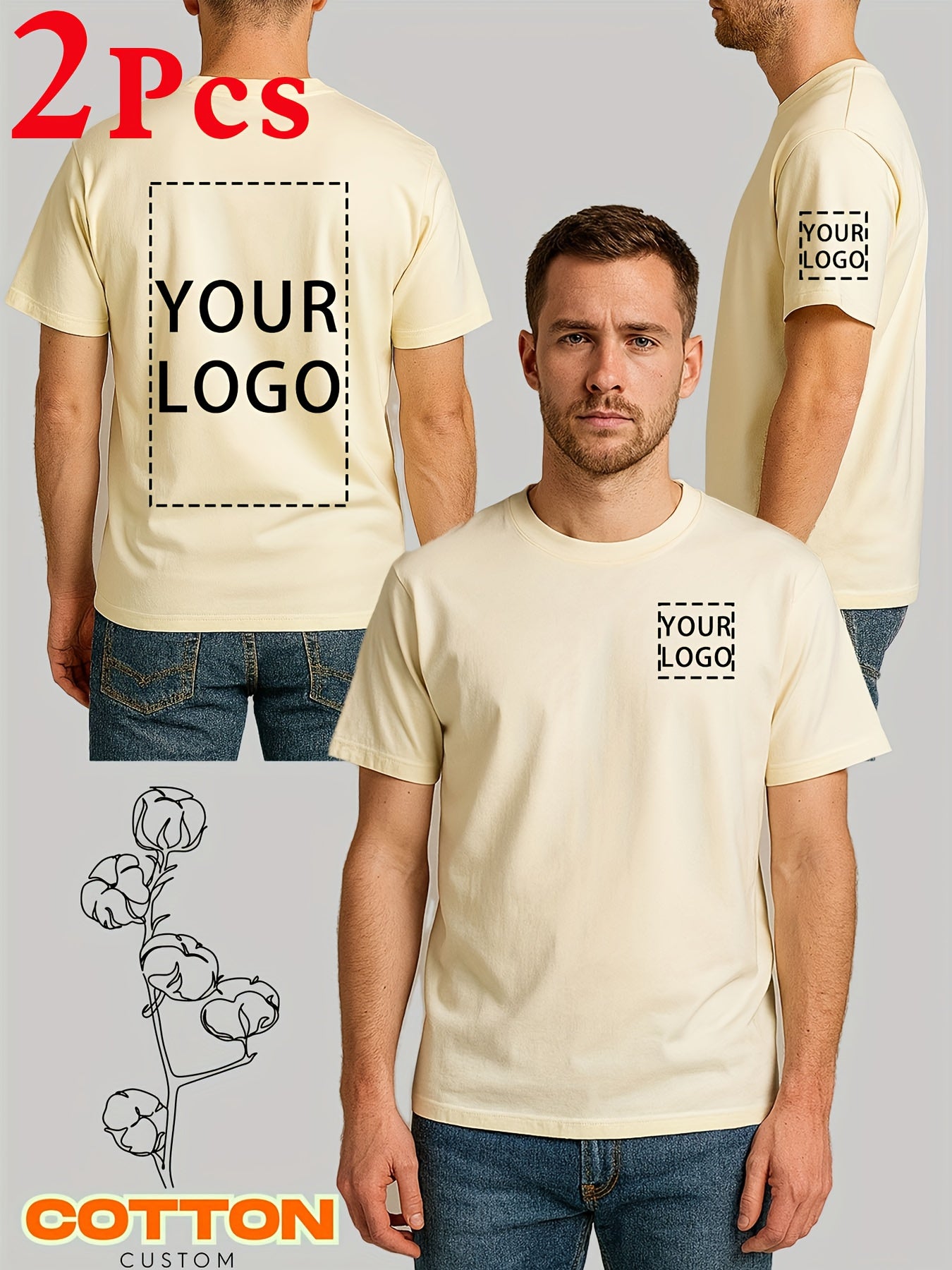 2pcs Men's 100% Cotton Custom T-Shirts 2-Sided Printing - Personalized Text/Logo/Photo Printing on Chest, Back & Sleeve - DIY Customizable Short Sleeve Round Neck Tees for Promotional Events, Team Uniforms, Casual Attire - Ma