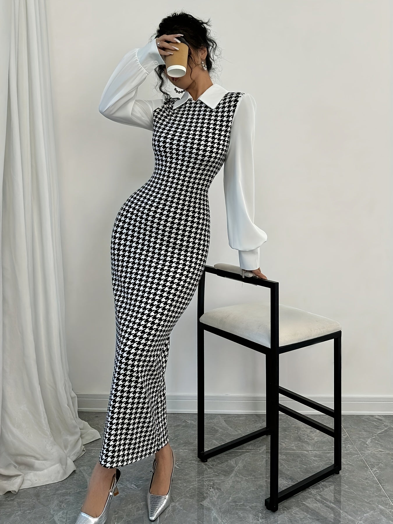 Ladies' Elegant Houndstooth Slim-Fit Lantern Sleeve Dress