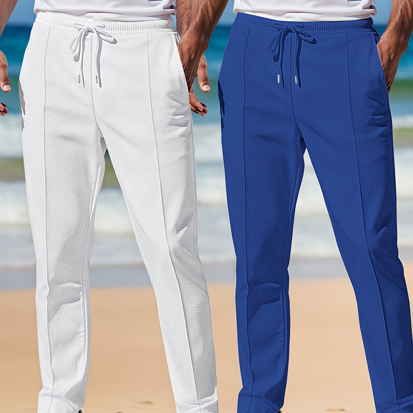 Joggers en tricot gaufré pour homme (2 pièces) – taille élastique avec cordon, pantalons légers et respirants, gris et bleu marine, idéals plage, running, extérieur et usage quotidien