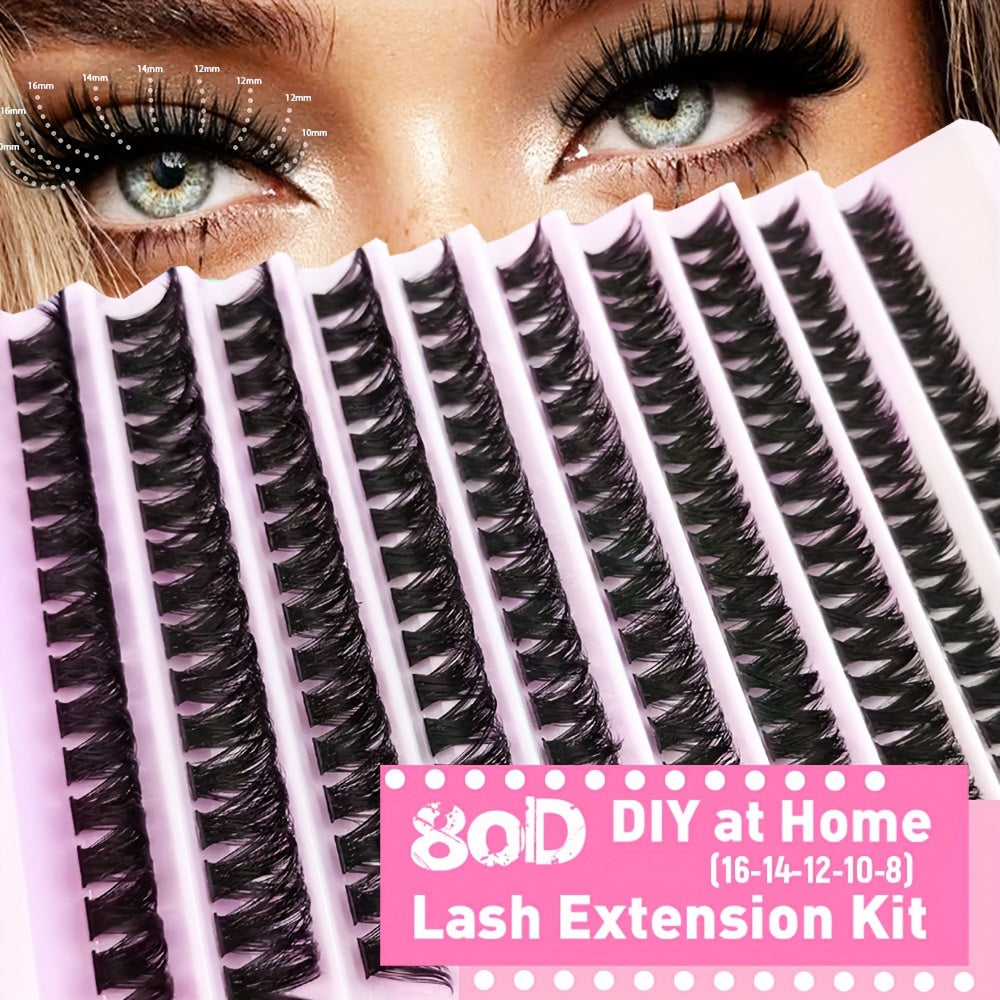Kit de 200 extensions de cils à faire soi-même, touffes de cils courbés en D (80D), longueurs variées de 8 à 16 mm, effet naturel extra épais et fourni