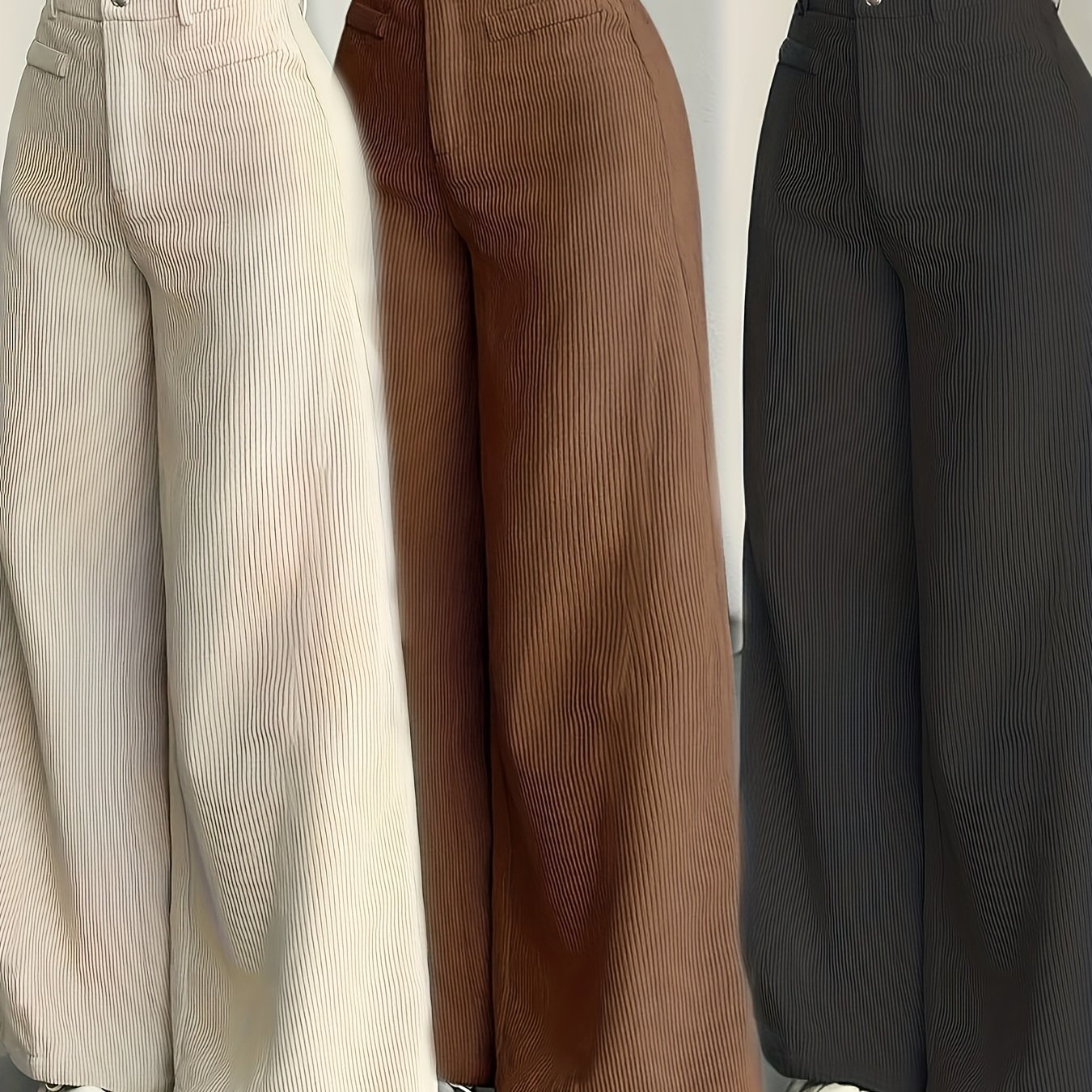 Ensemble trois pièces beige pour femme : pantalon taille haute à jambes larges en velours côtelé