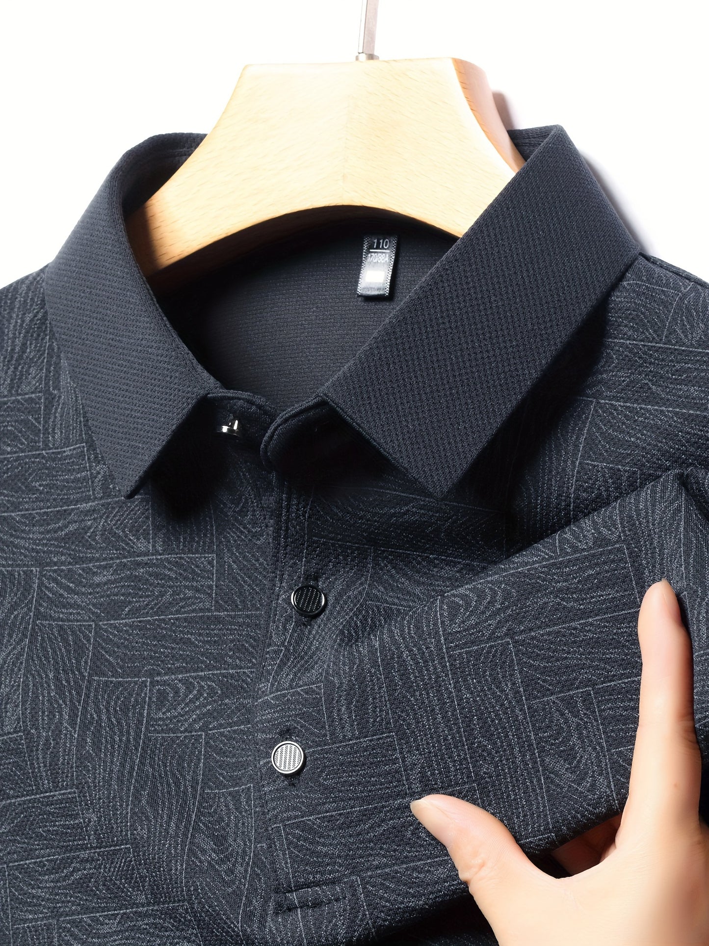 Men'S Geometric Mahjong Block Long Sleeve Polo Shirt - Casual & Stylish Business-Casual Lapel Collar, Polyester Blend, Perfect for Spring/Fall