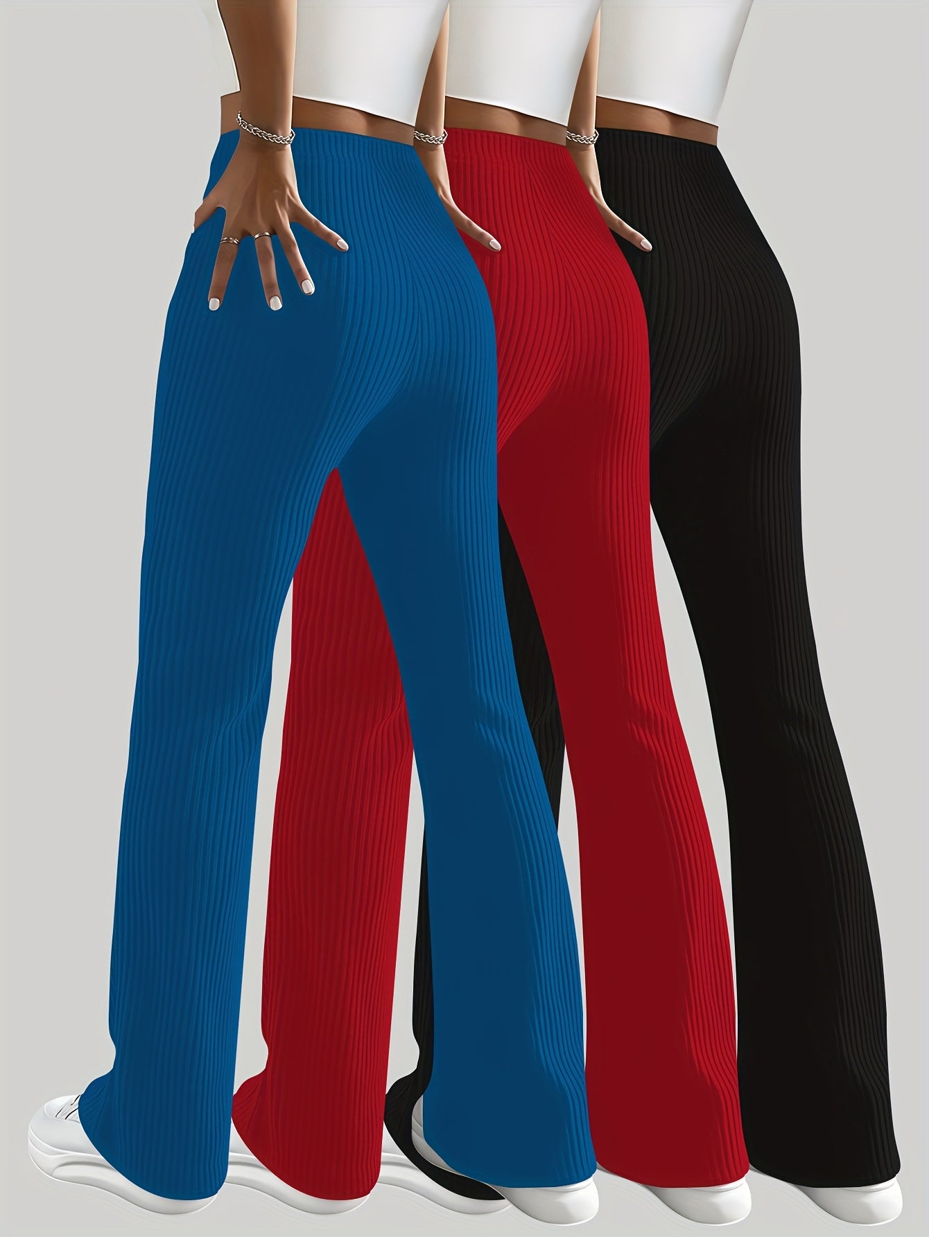 Lot de 3 Pantalons Femme Jambe Large – Taille Élastique avec Ceinture et Ourlets, Couleurs Bleu/Rouge/Noir, Tous Saisons, Bureau et Décontracté