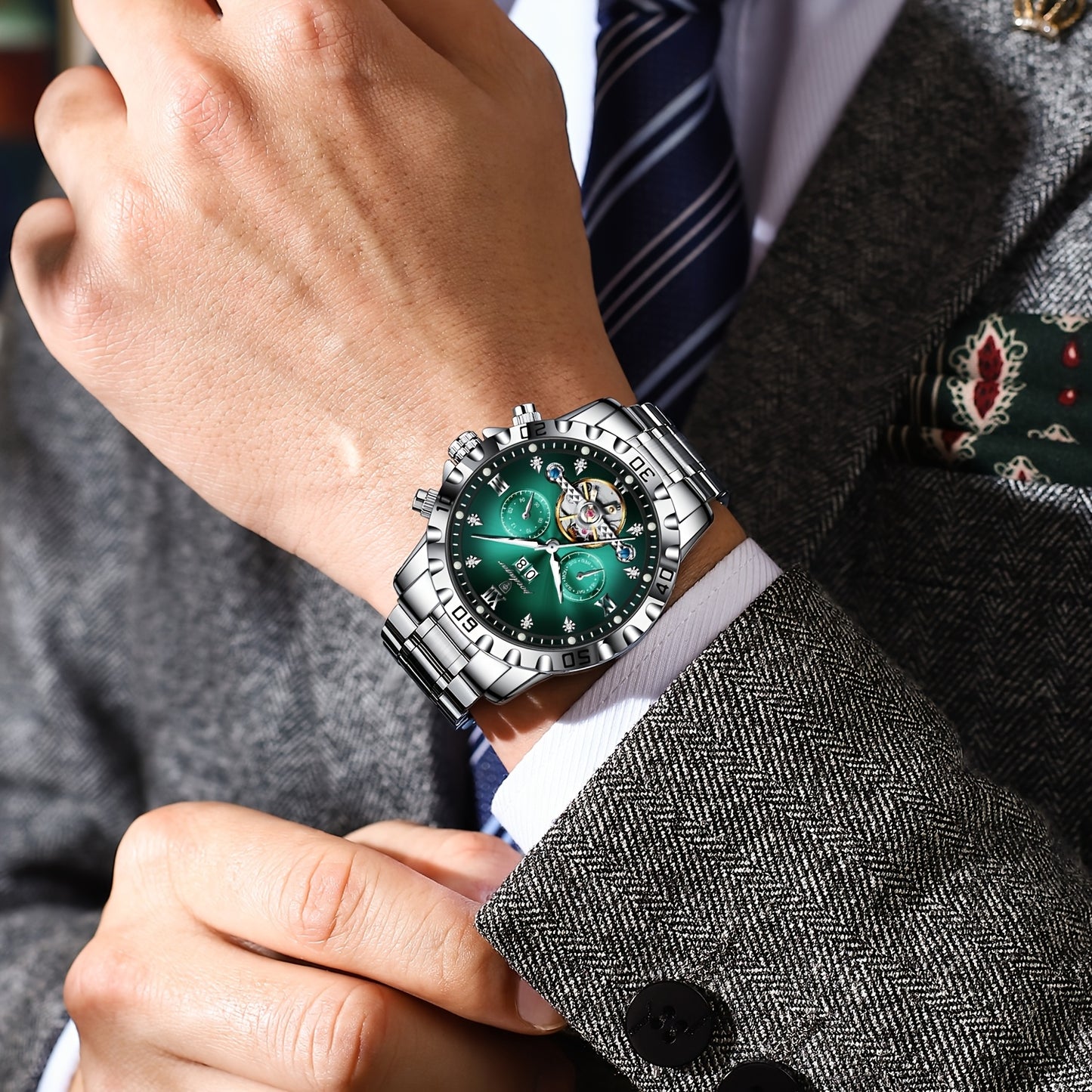 Men'S Luxury Business Watch with Automatic Movement, Waterproof, Luminescent Hands & Date Display - Stainless Steel Case & Dial, Mechanical Movement, 3 ATM, Without Battery