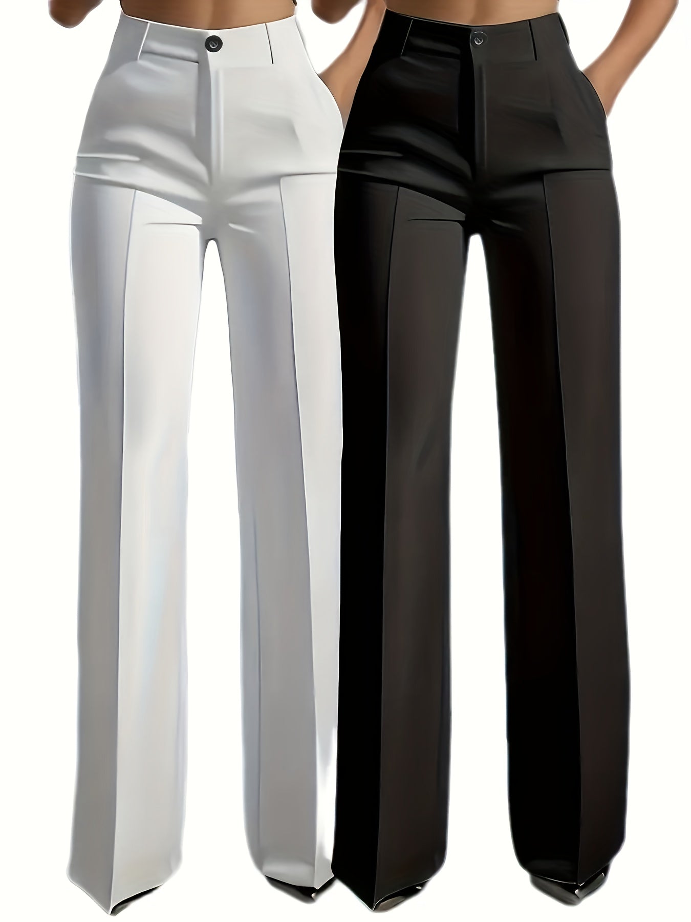 Lot de 2 Pantalons Femme Élégants Droits – Taille Élastique avec Poches Obliques