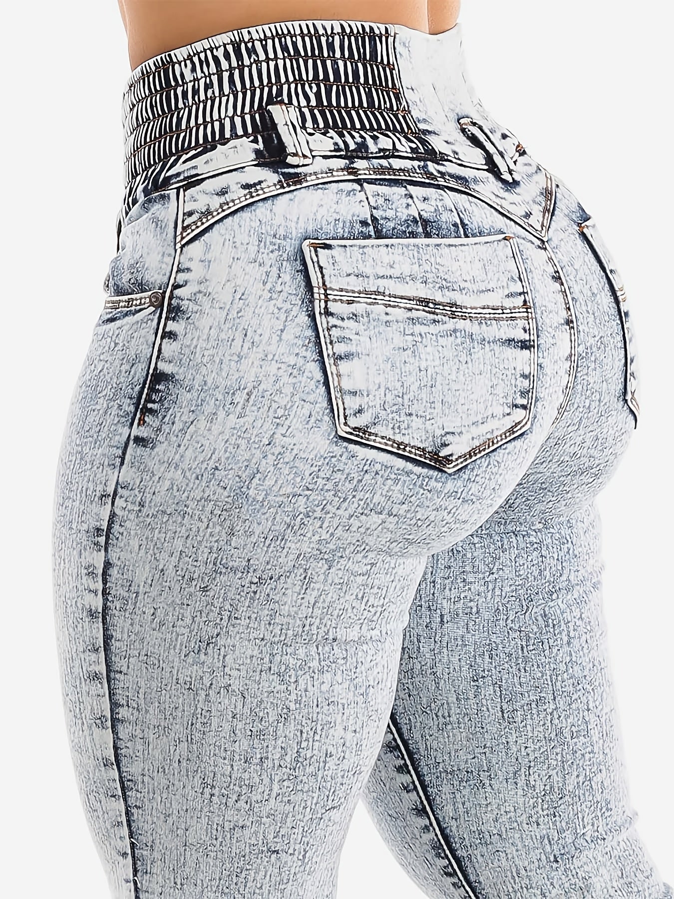 Jean skinny taille haute pour femme, denim uni à effet flocons, style urbain, toutes saisons, tissu stretch, tissage serré, ceinture à 3 boutons avec ceinture intégrée