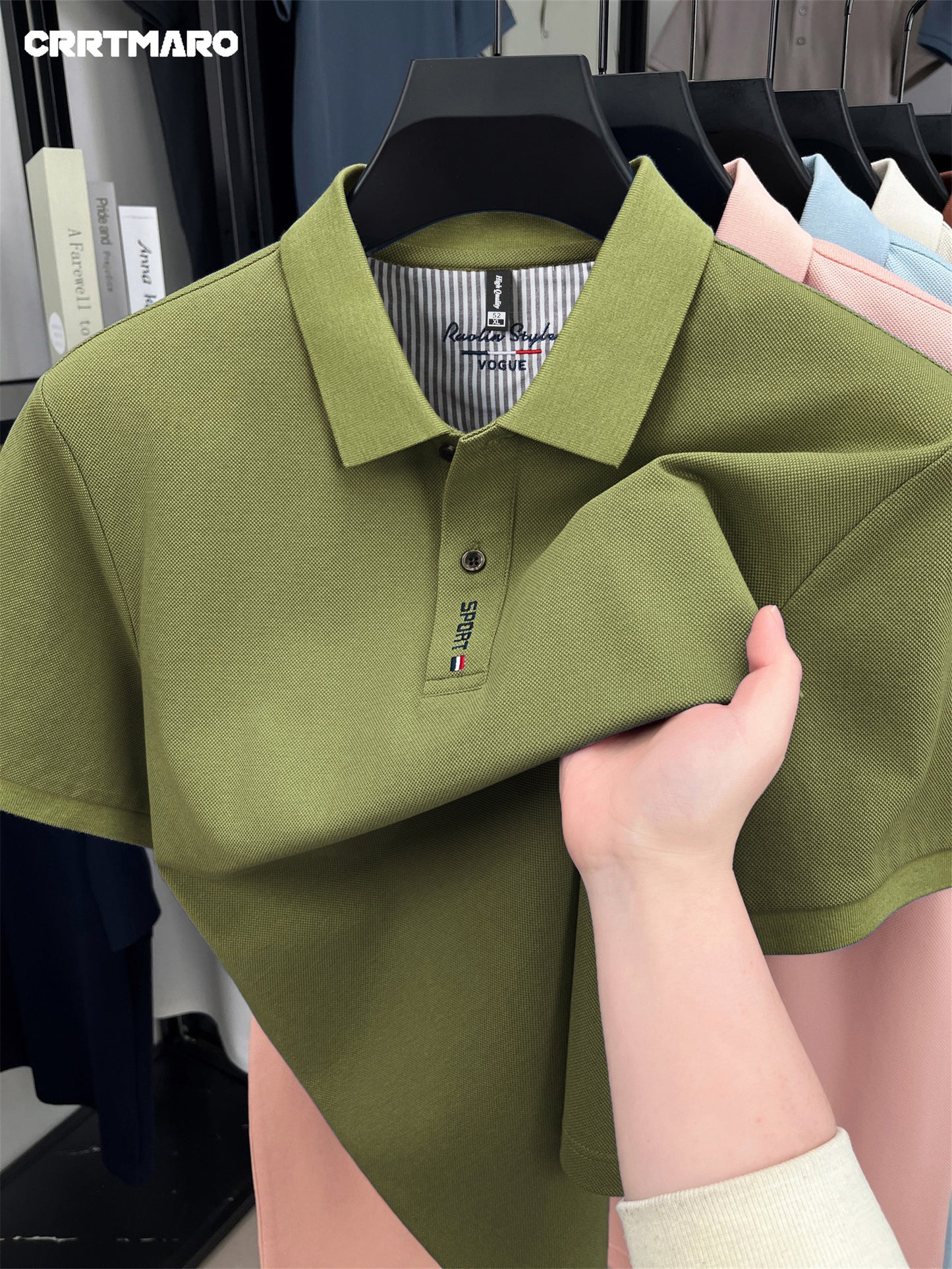 CRRTMARO Men's Mint Green Shirt - 100% Cotton Short Sleeve Summer T-Shirt with White Piping Collar & Logo, Casual Button-Front Placket, Mint Green ( Green) for, Beach, Office - Breathable & Wrinkle-Resistant