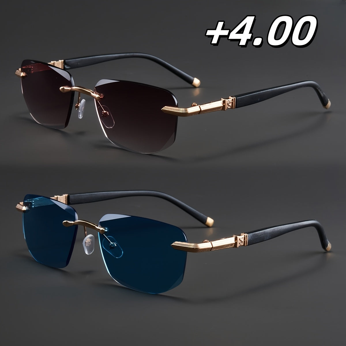Two Pairs, Bundled Set, Stylish, Men'S, Exquisite, Luxurious, Rimless, Beveled Edge, Reading Glasses, Metal Frame, Options: 100, 150, 200, 250, 300, 350, And 400 Degrees, Without Battery, Christmas Gifts