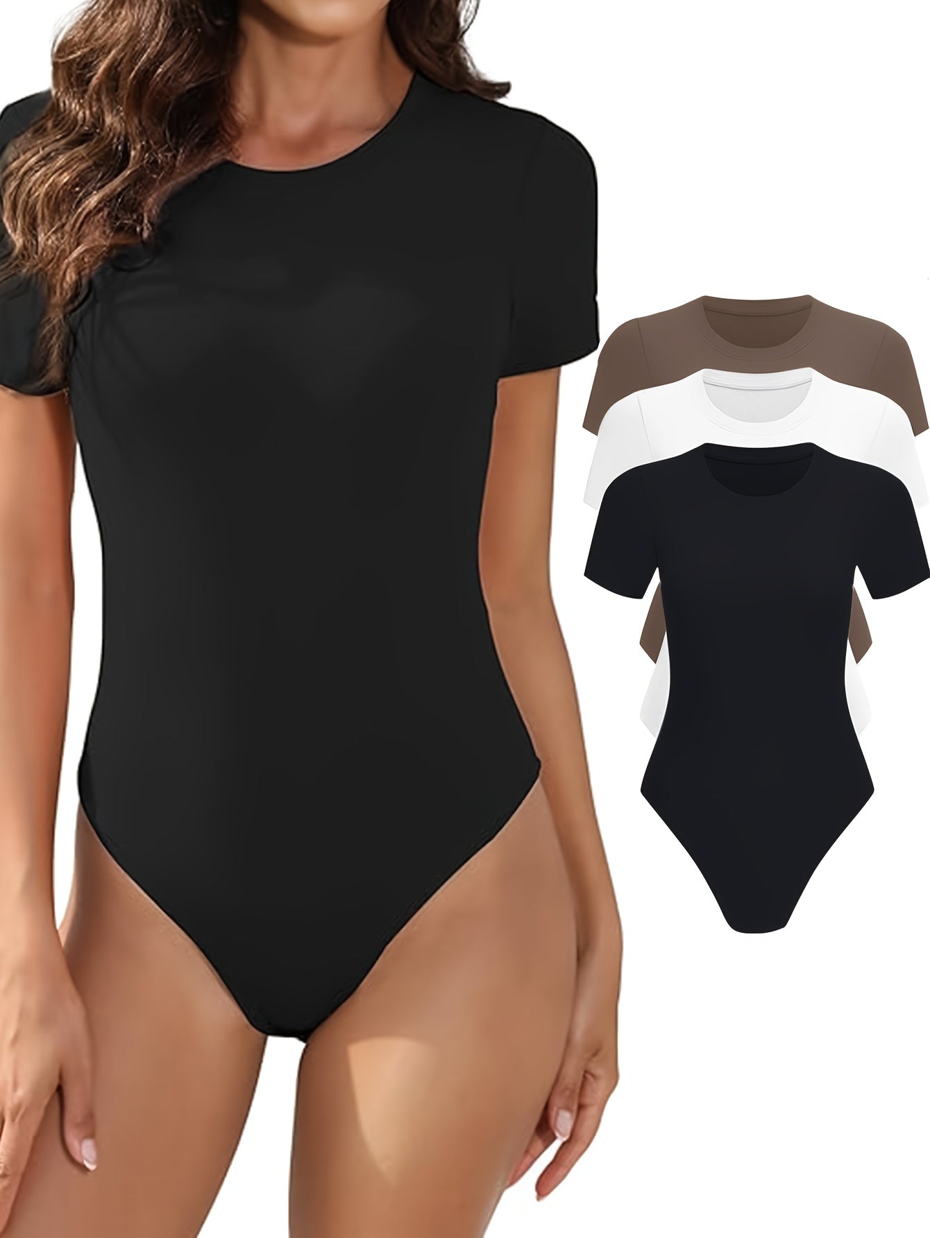 Lot de 3 bodys femme – manches courtes, col rond, coupe ajustée, basiques confortables