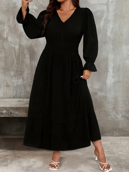 Robe maxi élégante grande taille femme – col en V, manches longues, coupe A-line, noire, longue pour occasions formelles et semi-formelles, col style poinsettia, tenue invitée mariage hiver, non lavable en machine, sans rembourrage poitrine