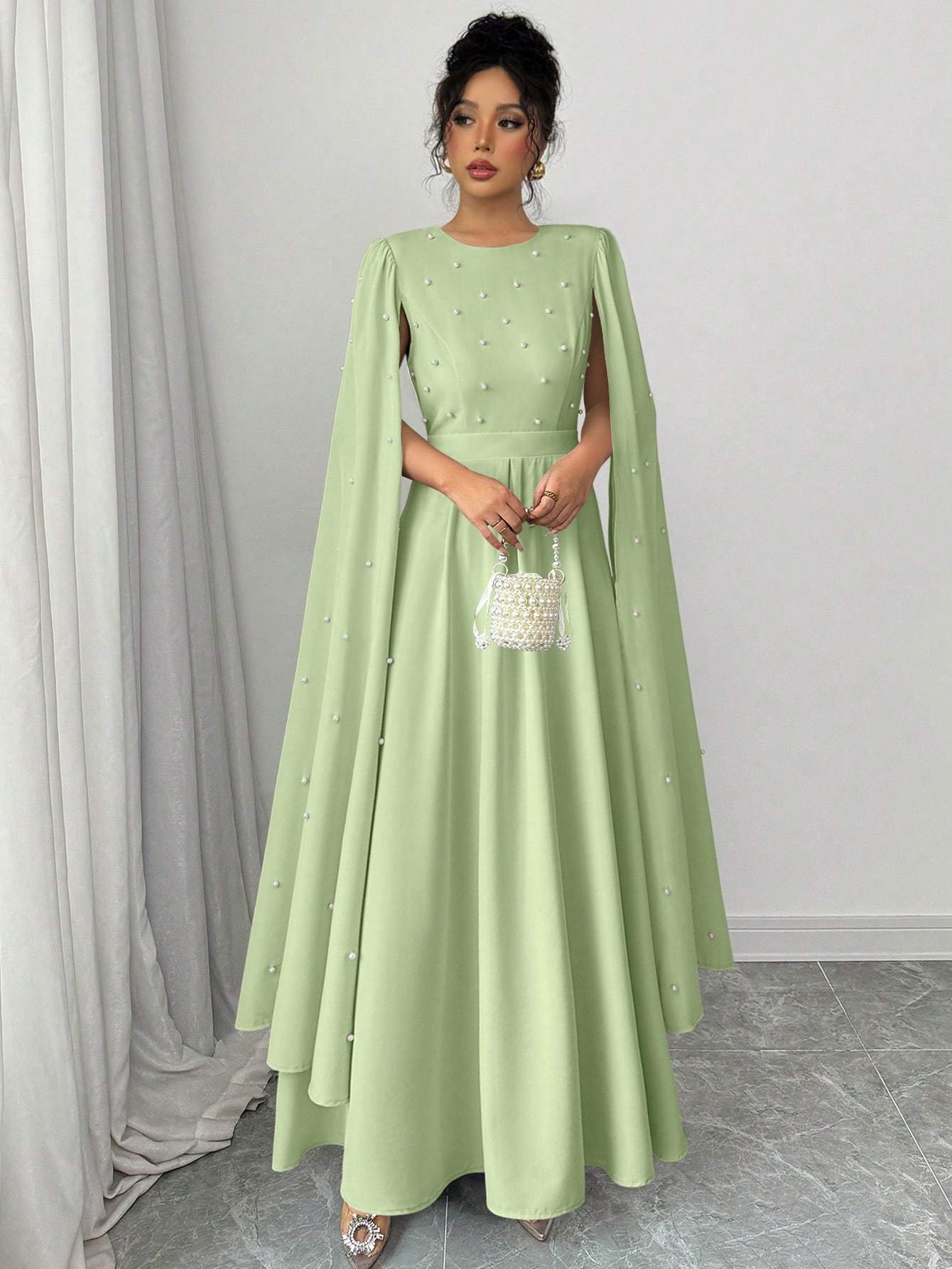 Cloak Sleeve Dress with Pearl Embellishments, Elegant And Fitted, Vintage Style, Evening Gown.