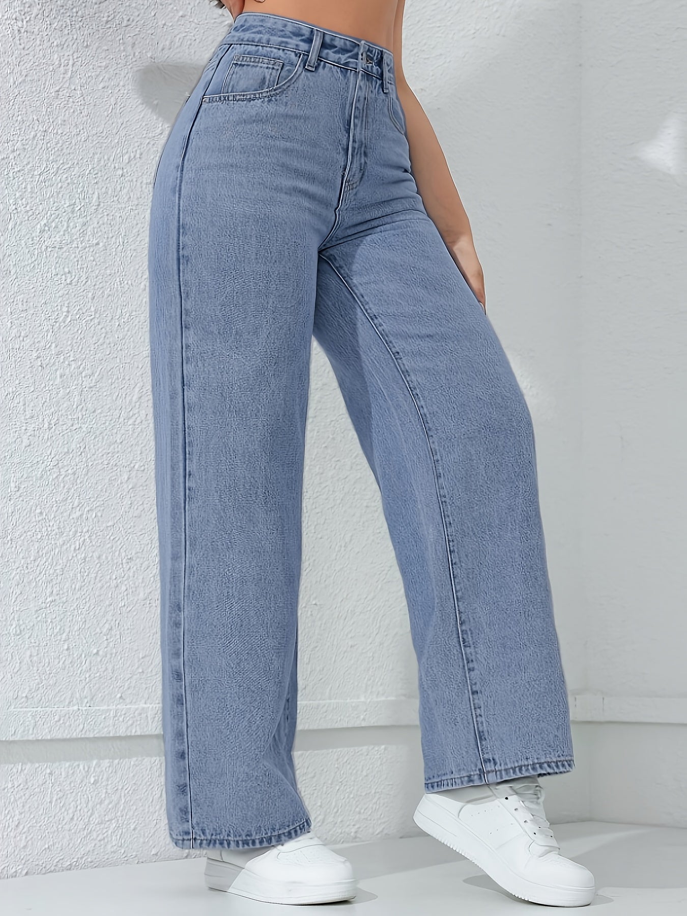 Jeans Femme Décontracté – Jambe Droite, Coupe Ample, Confort Toutes Saisons, Fermeture Boutons, Poches, Denim Bleu Clair, Idéal Sorties Week-end, Tissu Non Extensible, Coupe Relâchée