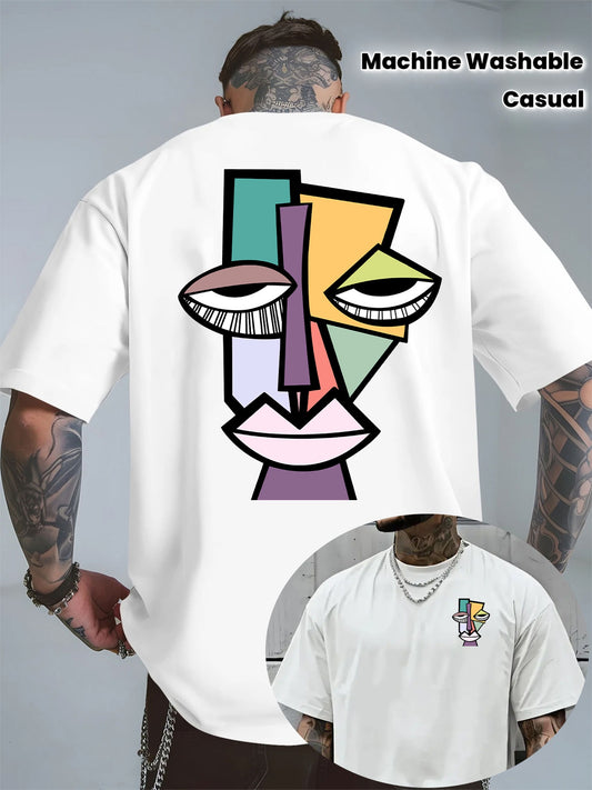Men's Picasso-Inspired Cubist White T-Shirt - Cubist Art Style with Picasso's Face & Abstract Cubism Design, Casual Summer Round Neck Short Sleeve, Machine Washable Cubist Art Apparel for Cubist Art Lovers