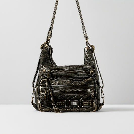 Sac Cabas Vintage Femme à Rivets – Grande Capacité, Sac à Épaule avec Multiples Compartiments à Fermeture Éclair, Quincaillerie Dorée, Bandoulière Amovible, Noir/Blanc