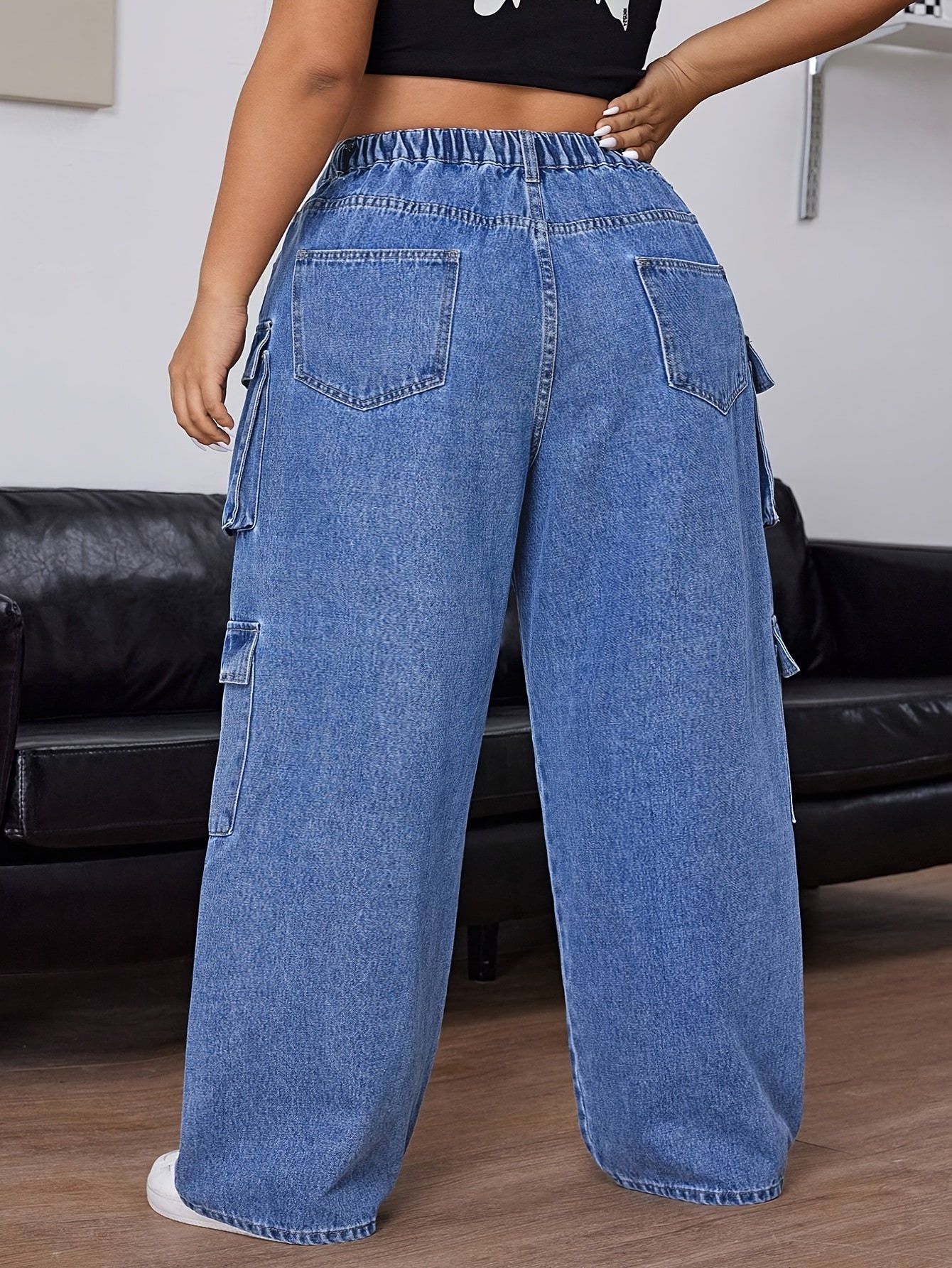 Jeans Femme Taille Moyenne – Jambe Droite avec Cordons et Multiples Poches, Extensible