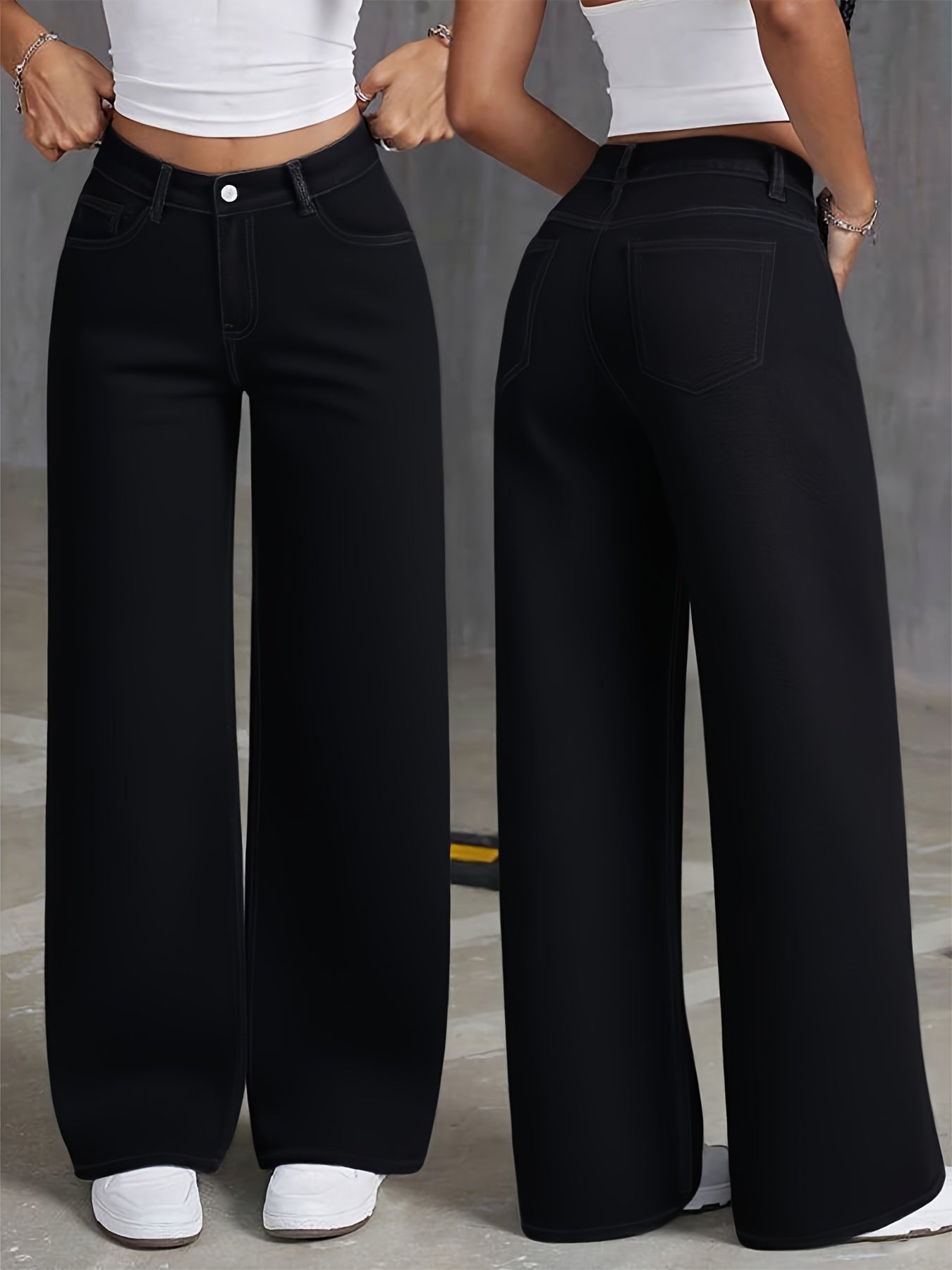 Jeans Femme Noir Jambe Large Extensible Poches Confortable Polyvalent Toute Saison Décontracté