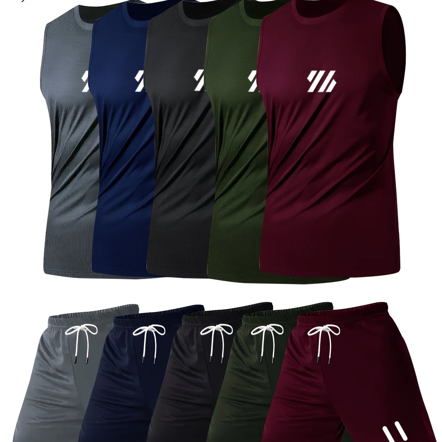 Lot de 5 Tenues Sport Homme – Débardeur Imprimé + Short Taille Élastique, Respirant & Séchage Rapide