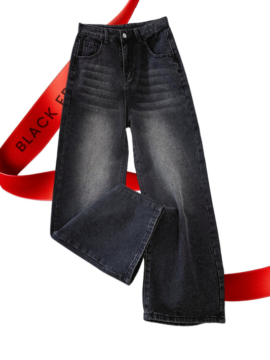 Pantalon Femme Denim Boutons et Zippé Coupe Classique Ample Taille Haute Printemps/Été Décontracté Extérieur