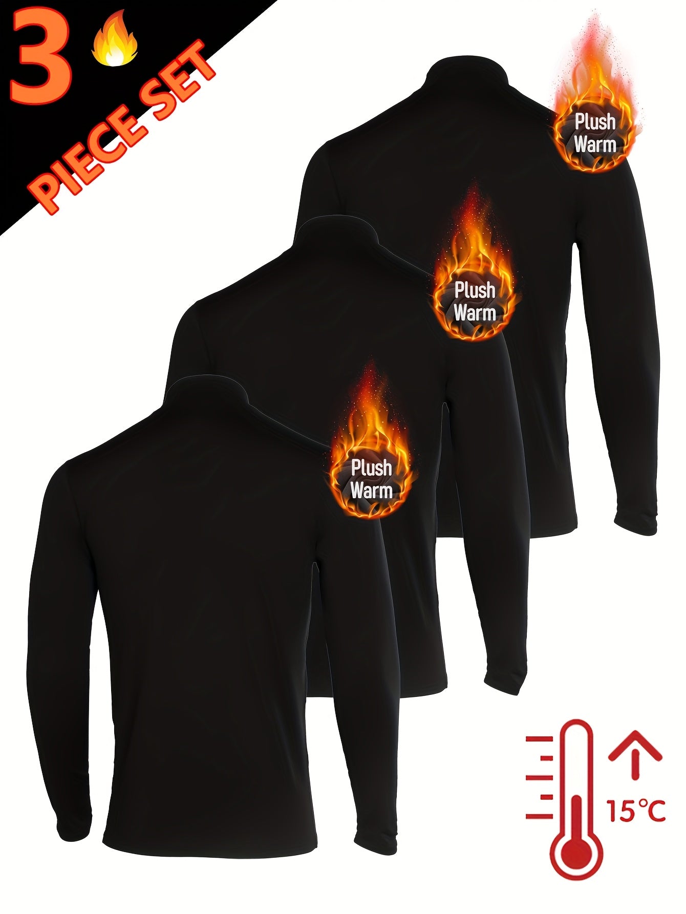 3pcs Sous-Vêtements Thermiques Homme – Col Montant Manches Longues