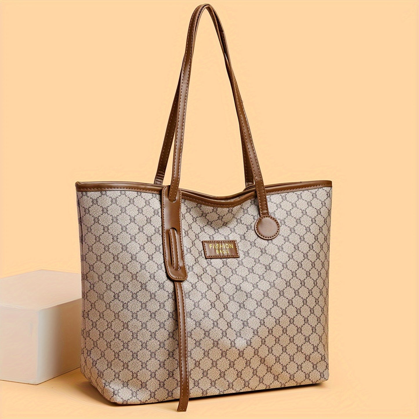 Sac fourre-tout femme avec portefeuille, grande capacité, motif géométrique, fermeture éclair, polyester, marron