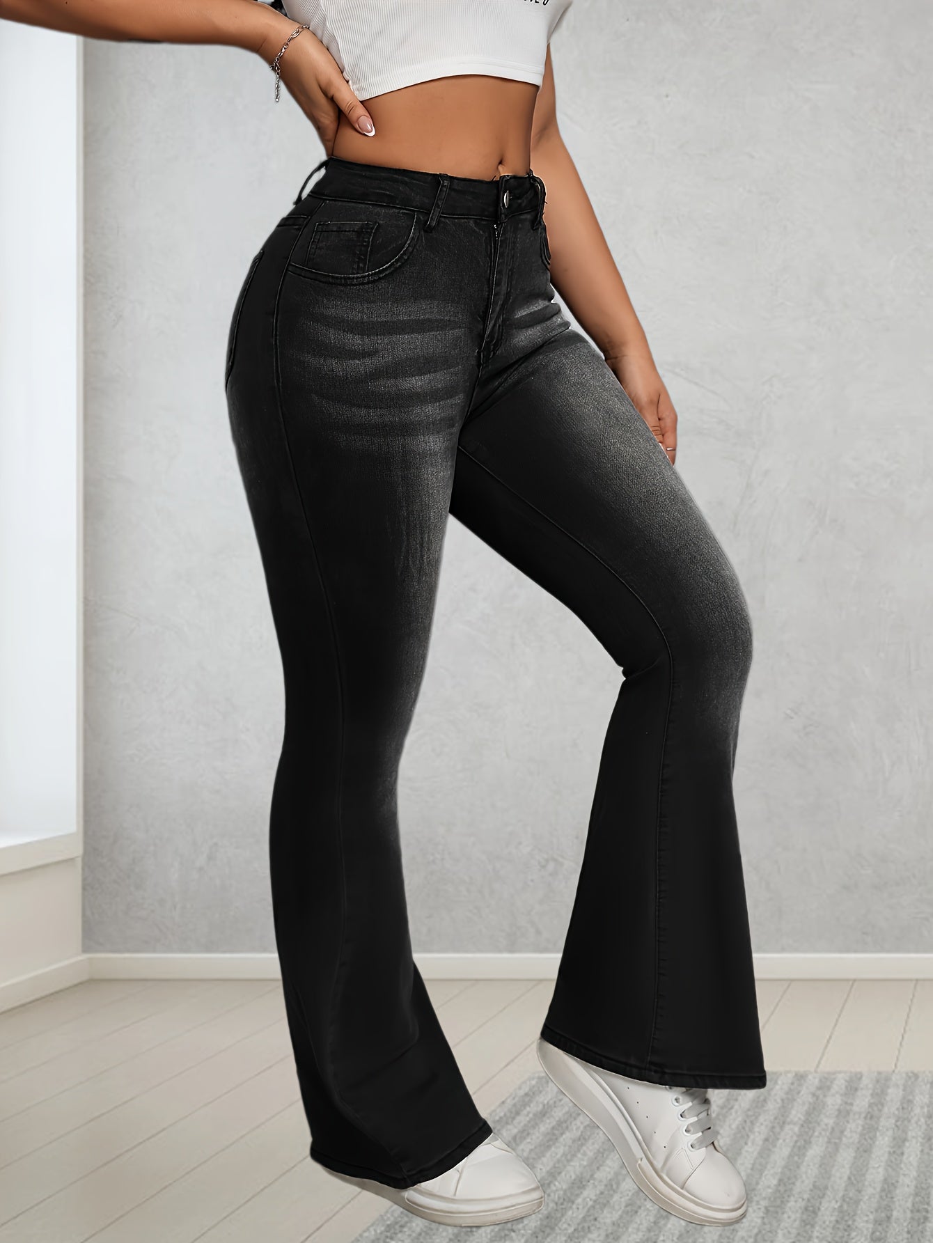 Jeans Femme Taille Haute Évasé Extensible Jambe Large Boutons Ceinture Non Incluse Toute Saison Effet Usé Décontracté et Formel Lavable