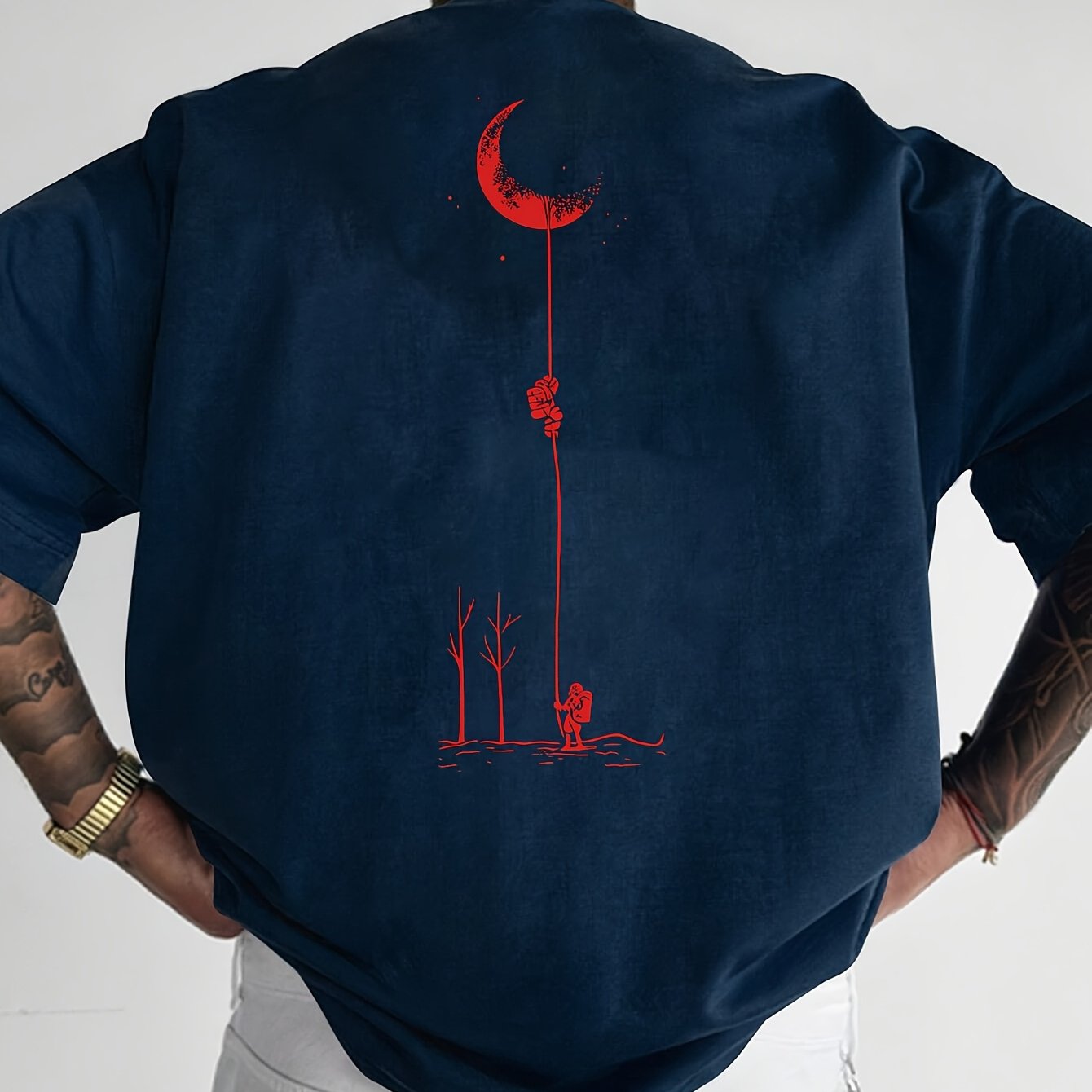 Moon and Trees Design Front & Back Graphic Crew Neck Cotton Summer Fashion Short Sleeve Casual Daily Style Top with Unique Geometric Pattern, Suitable for Spring/Summer Outdoor Activities