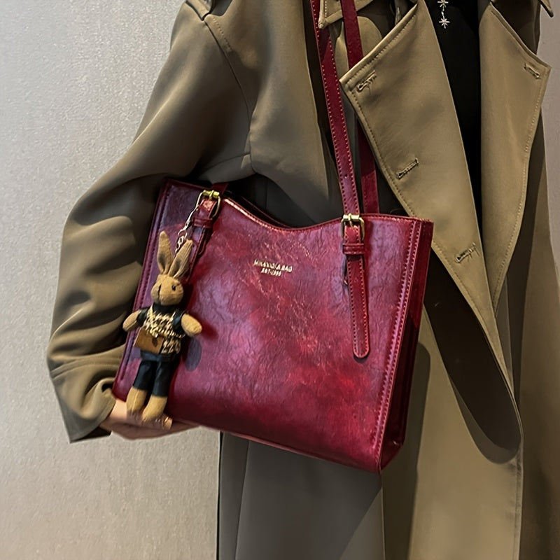 Sac fourre-tout rouge élégant avec fermeture zippée – grande capacité, bandoulière et crossbody polyvalent pour femmes, avec pendentif lapin, parfait pour mariages et occasions spéciales