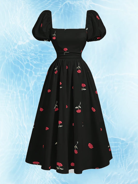 Robe élégante pour femmes à col carré – Imprimé floral, manches courtes, coupe ajustée en A, roses rouges et feuilles vertes, légère et lavable en machine, printemps/été/automne, casual à semi-formel