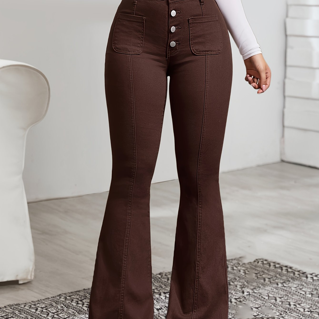 Jeans Femme Taille Haute – Évasé Café, Décontracté, Extensible, Boutons, Tous Saisons, Effet Usé