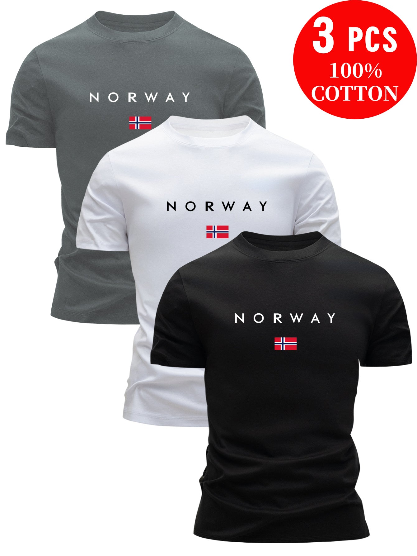 3pcs Men'S 100% Cotton Slim Fit T-Shirts - Breathable & Sweat-Wicking Summer Casual Tees with NORWAY Letter Print, Round Neck Short Sleeve, Light Blue/White/Black, T-shirt Stylish, Comfortable Clothing, Minimalistic Design, B