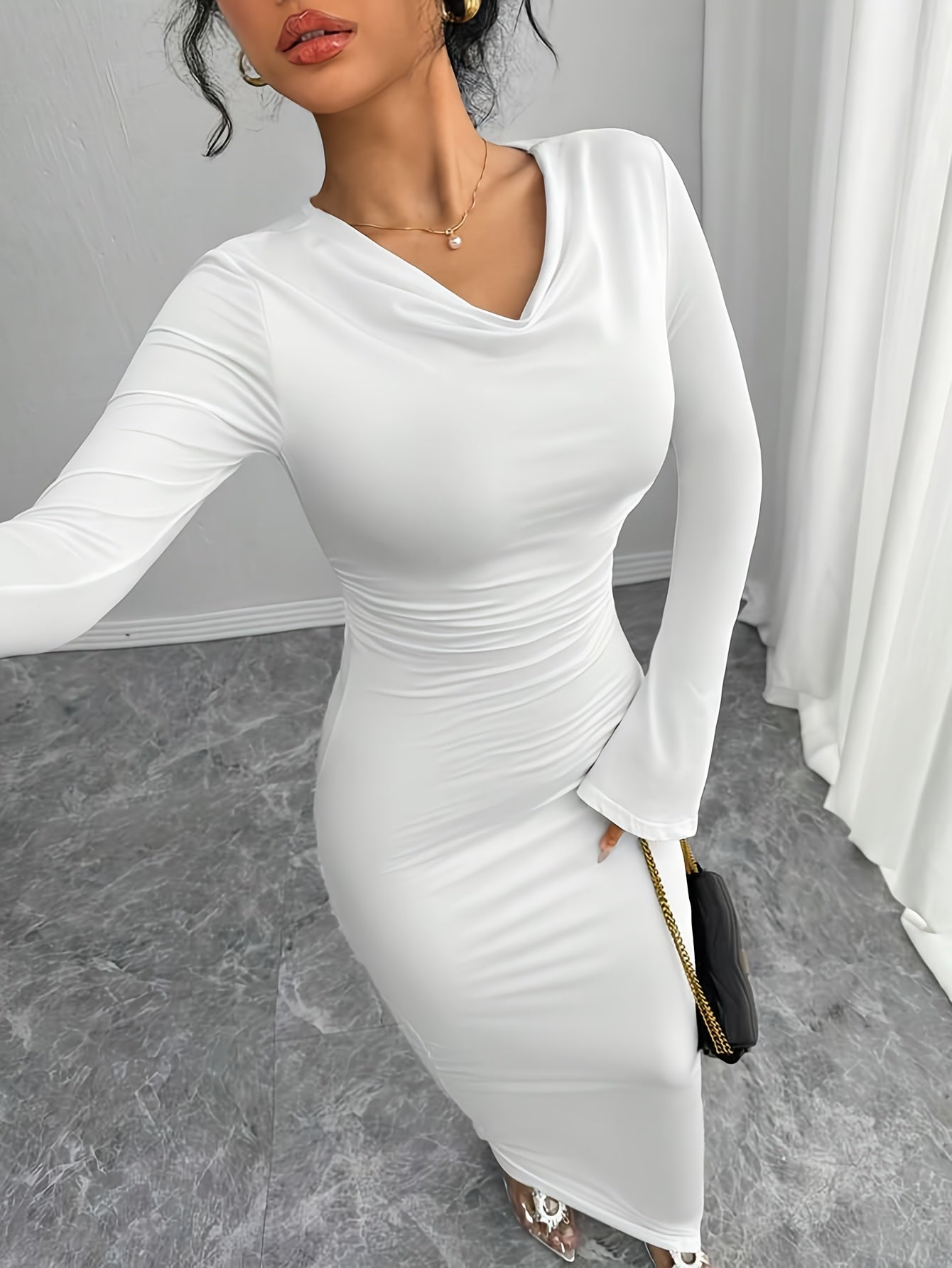 Women's Elegant White Bell Sleeve Maxi Dress - Long Formal Party Wedding Guest Gown, Fitted Dress for Autumn/Winter, Machine Washable with Chest Wrinkle Detail, No  Required, Teacher Outfit & Travel Attire suitable for Weddin