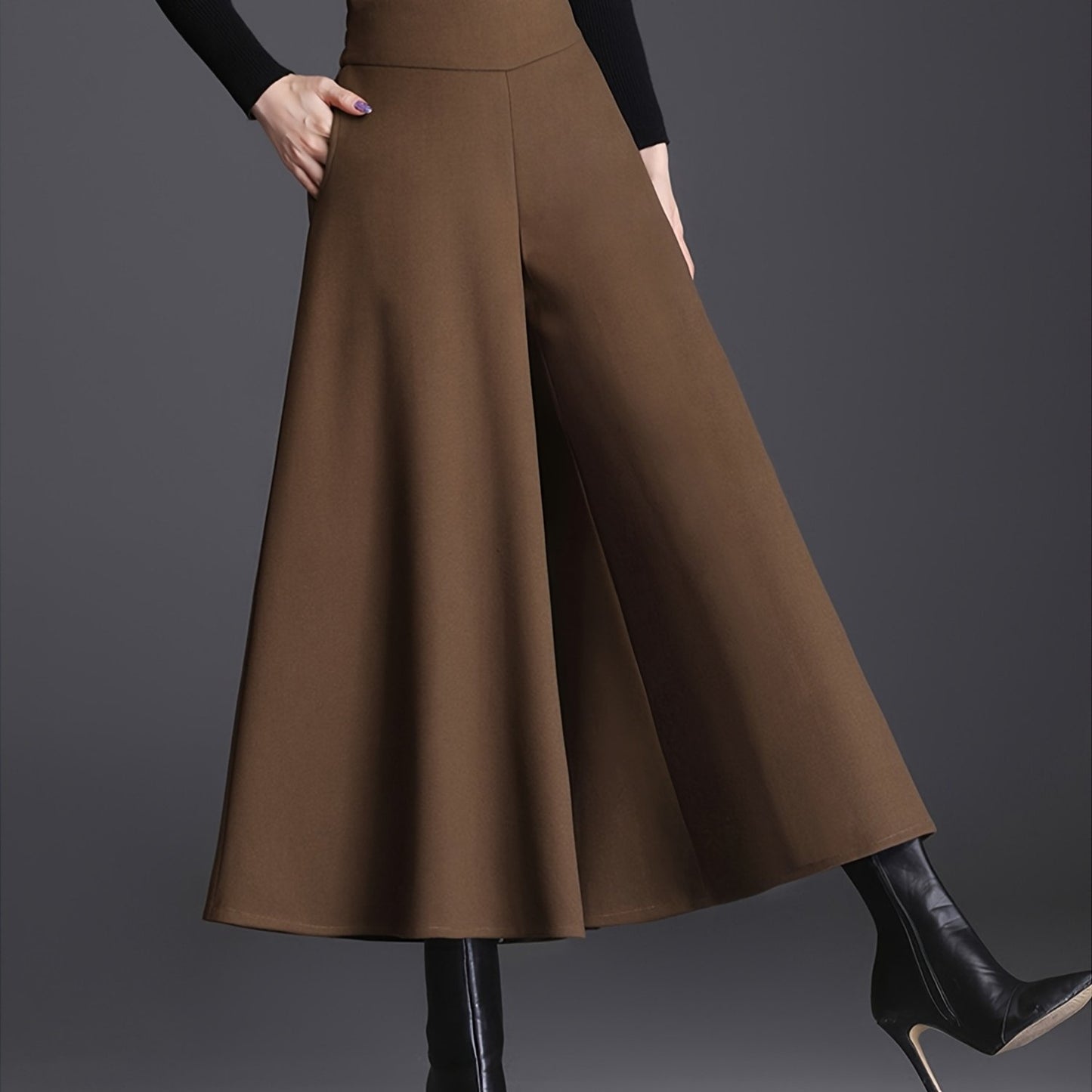 Pantalon Femme Taille Haute – Jambe Large Doublé Polaire, Taille Élastique, Confortable, 7/8, Automne/Hiver